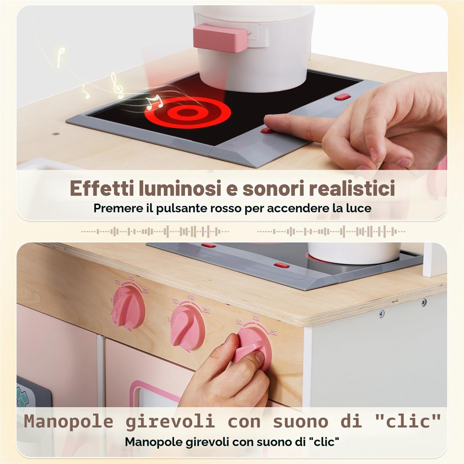 SainSmart Jr. Cucina da gioco in legno per bambini, set da cucina premium per bambini, include fornello, frigorifero e accessori per ragazze, rosa
