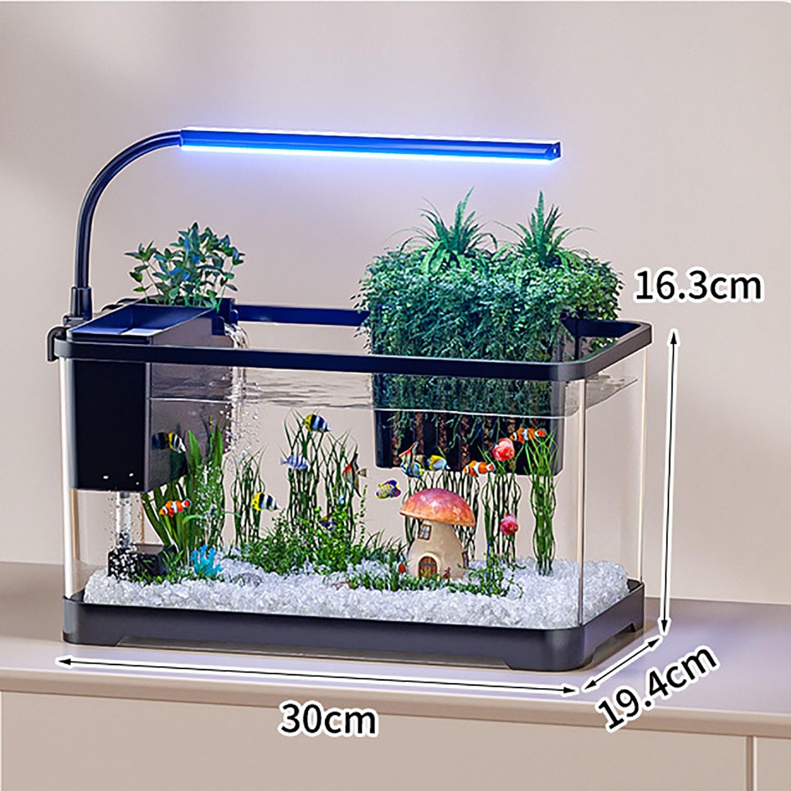 Aquarium avec Filtre Et Lumière, Mini Aquarium Décoration De Table pour Poissons Betta, Crevettes, Poissons Rouges(S)
