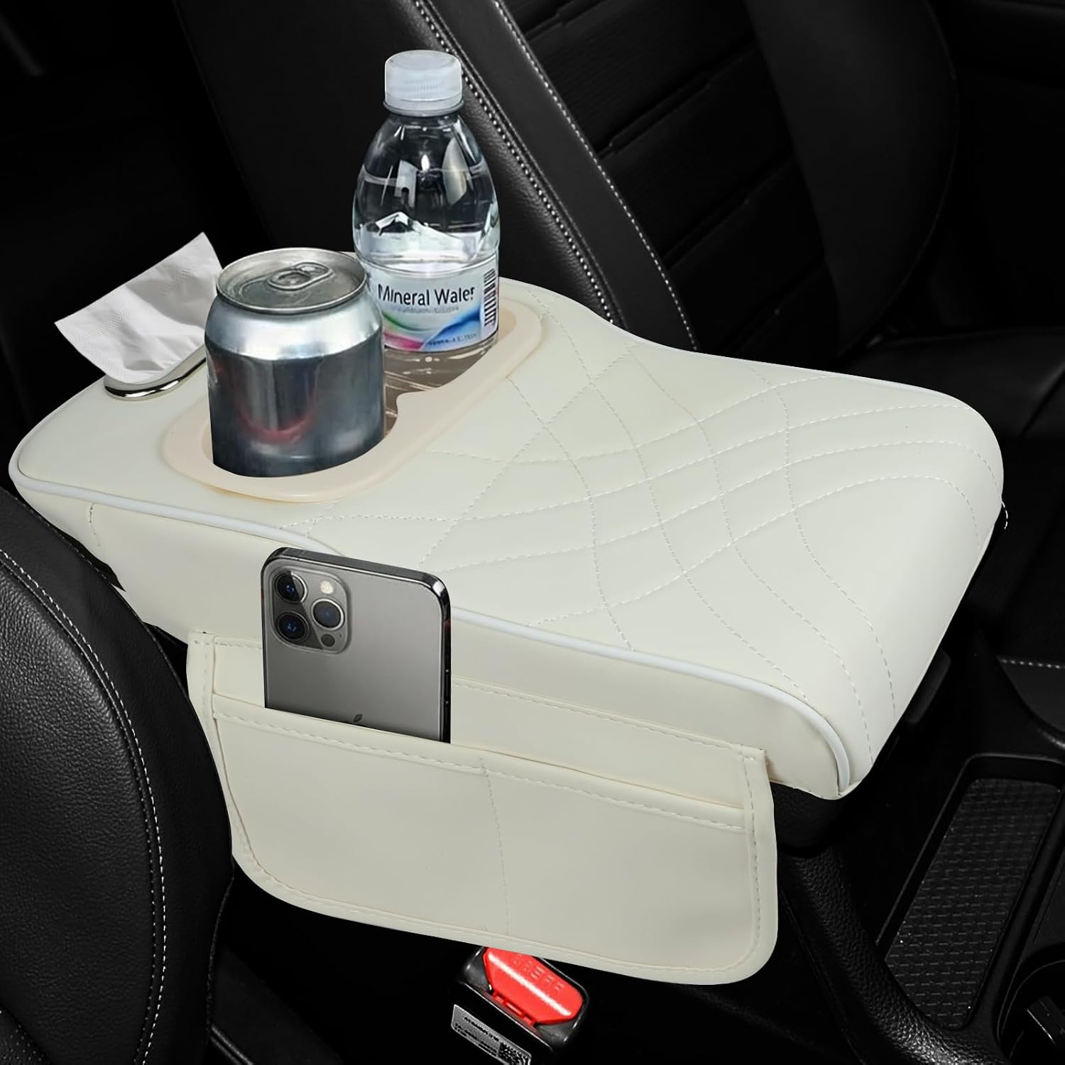 wuyaoyao Car Center Console Armrest Pillow, 13.8"×7.1"×2" Leather Car Arm Rest Cover, Multifunctional Auto Armrest Cushion Pad with Pocket, Tissue Box & Cup Holder, Middle Console Cover (White)