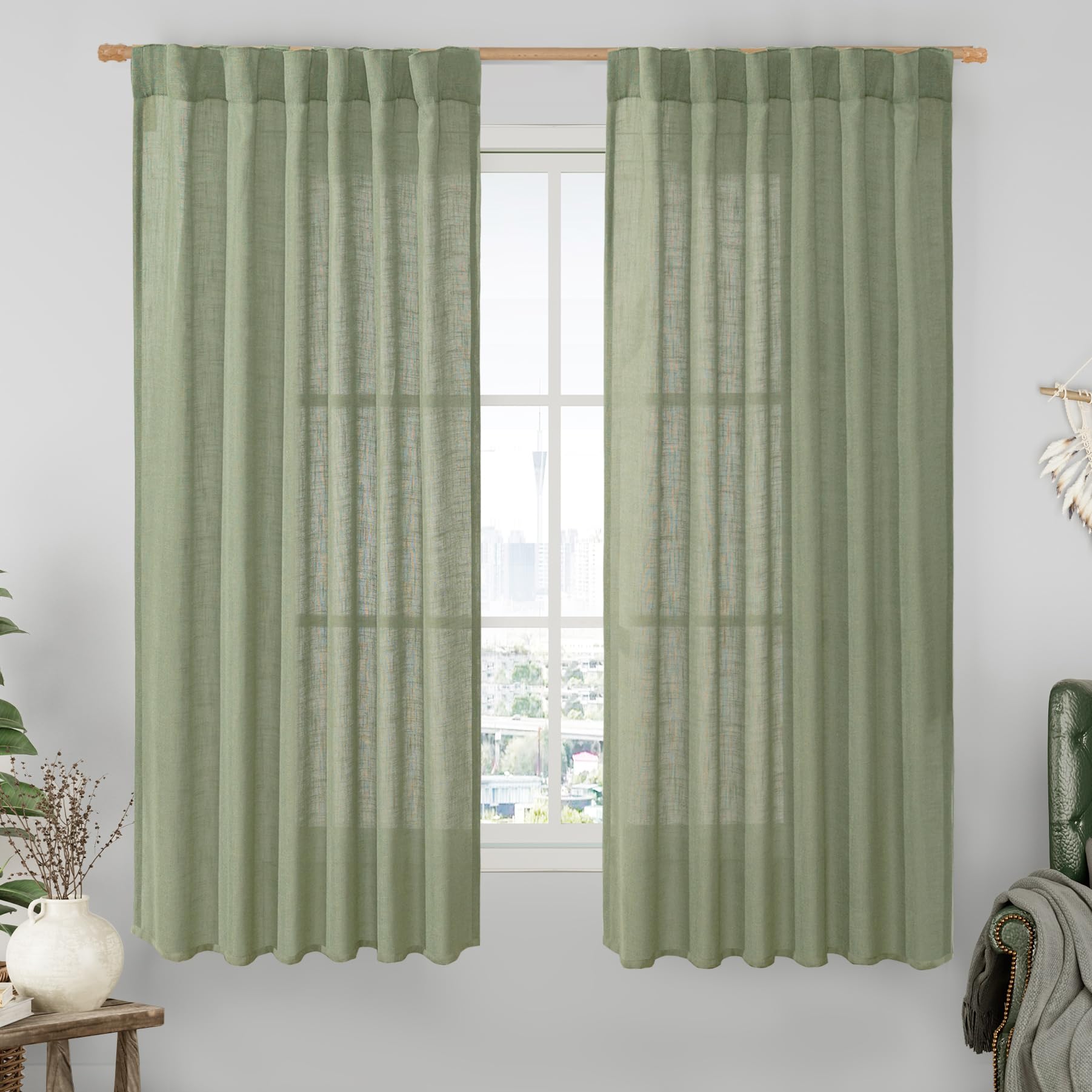 LAMIT Sage Green Semi Sheer Linen Curtains 60 Inch, Light Filtering Panels