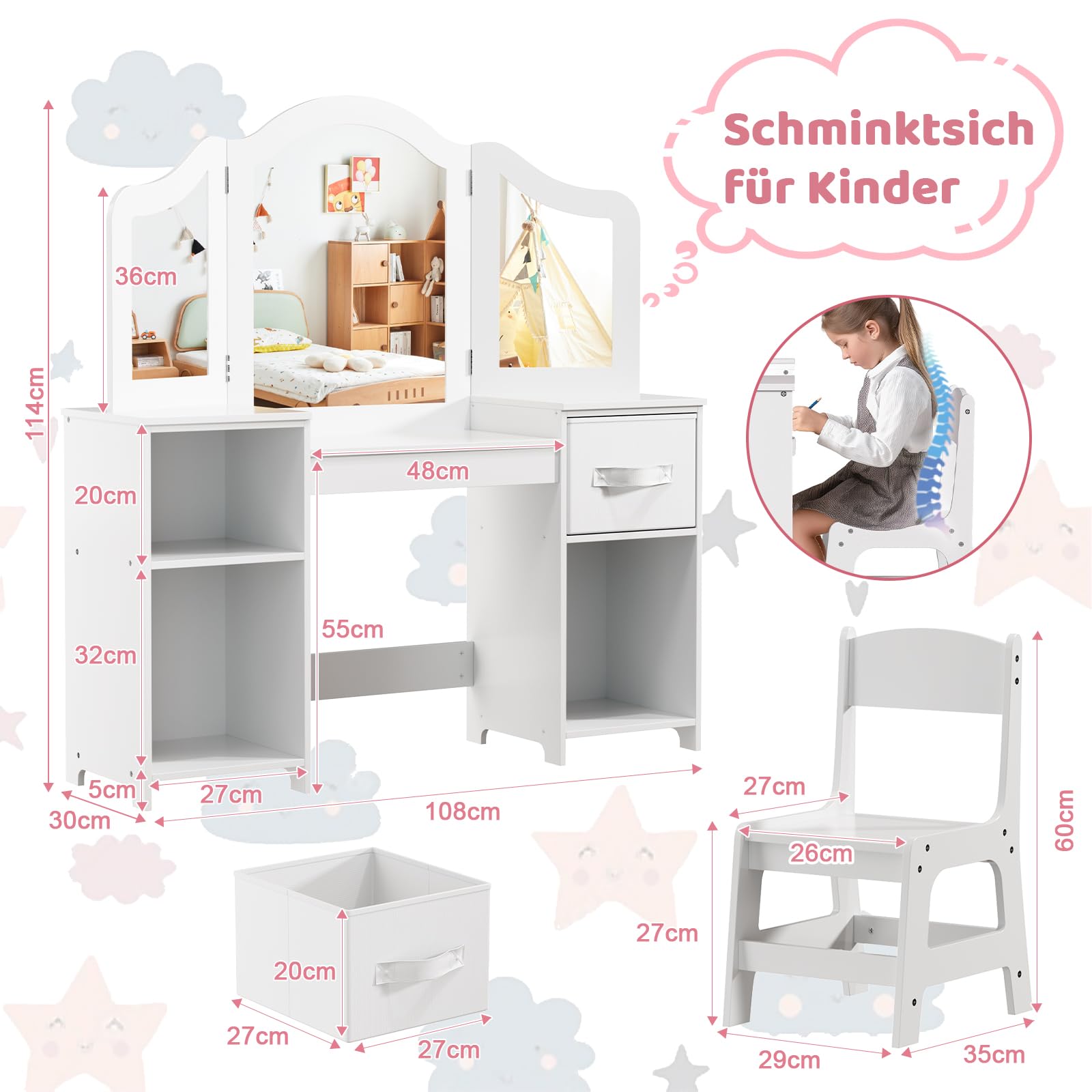 MAMIZO Tocador Infantil 2 en 1 con Espejo Extraíble, Tocador Madera Niña, Escritorio para Niños con Taburete, 2PCS Cajón de Tela, Tocadores Maquillaje Infantil 108x30x114 cm, Blanco