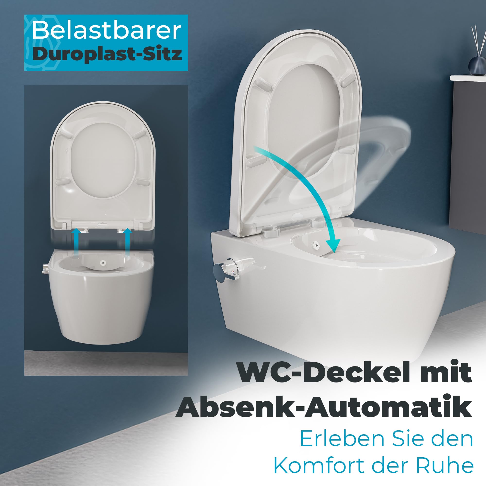 WC Taharet senza brida con rubinetteria, sedile Softclose removibile e rivestimento doccino/WC, toilette con doccino intimo con funzione bidet, Shattaf