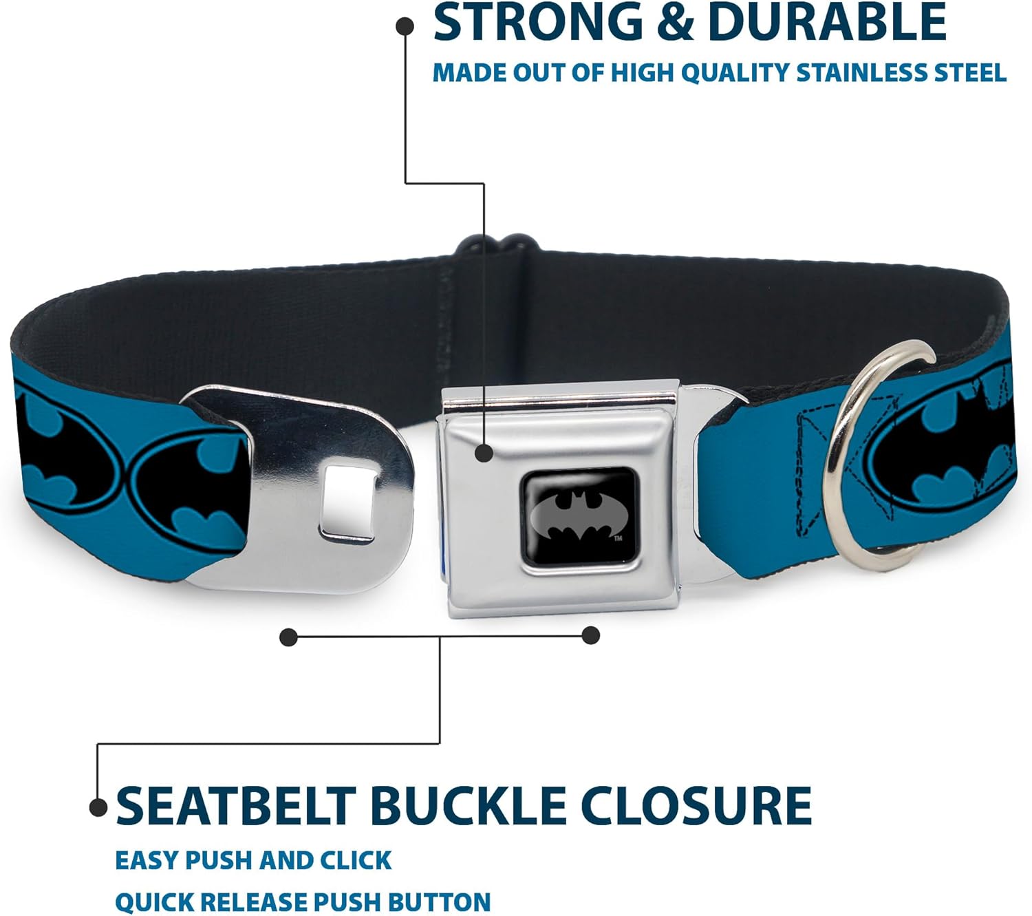 Dog Collar Seatbelt Buckle Bat Signal 3 Blue Black Blue 11 to 17 Inches 1.0 Inch Wide