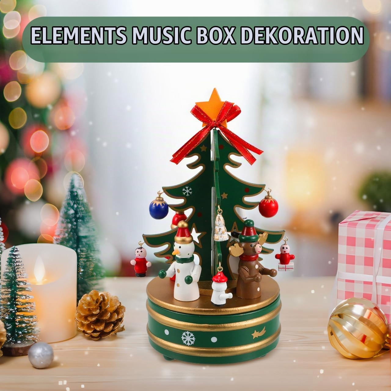 Cabilock Holz Weihnachts Spieluhr, 6 Zoll Weihnachtsbaum-Spieluhr Vintage Rotierende Weihnachts Für Kinder, Handgefertigtes Retro Rotations-Uhrwerk Für Kinder, Freunde Familie