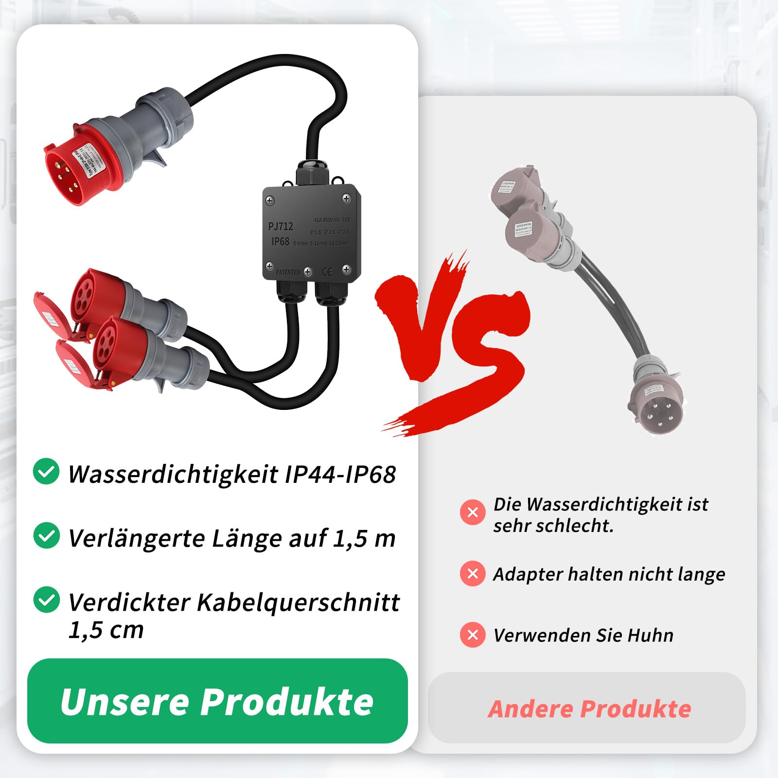 Adaptateur CEE 32 A vers 16 A, 2 Prises CEE 230 V 16 A 5 Broches, rallonge CEE IP44-68, répartiteur de Courant Fort pour Camping, extérieur, Industrie, Chantier, Atelier, 1,5 m