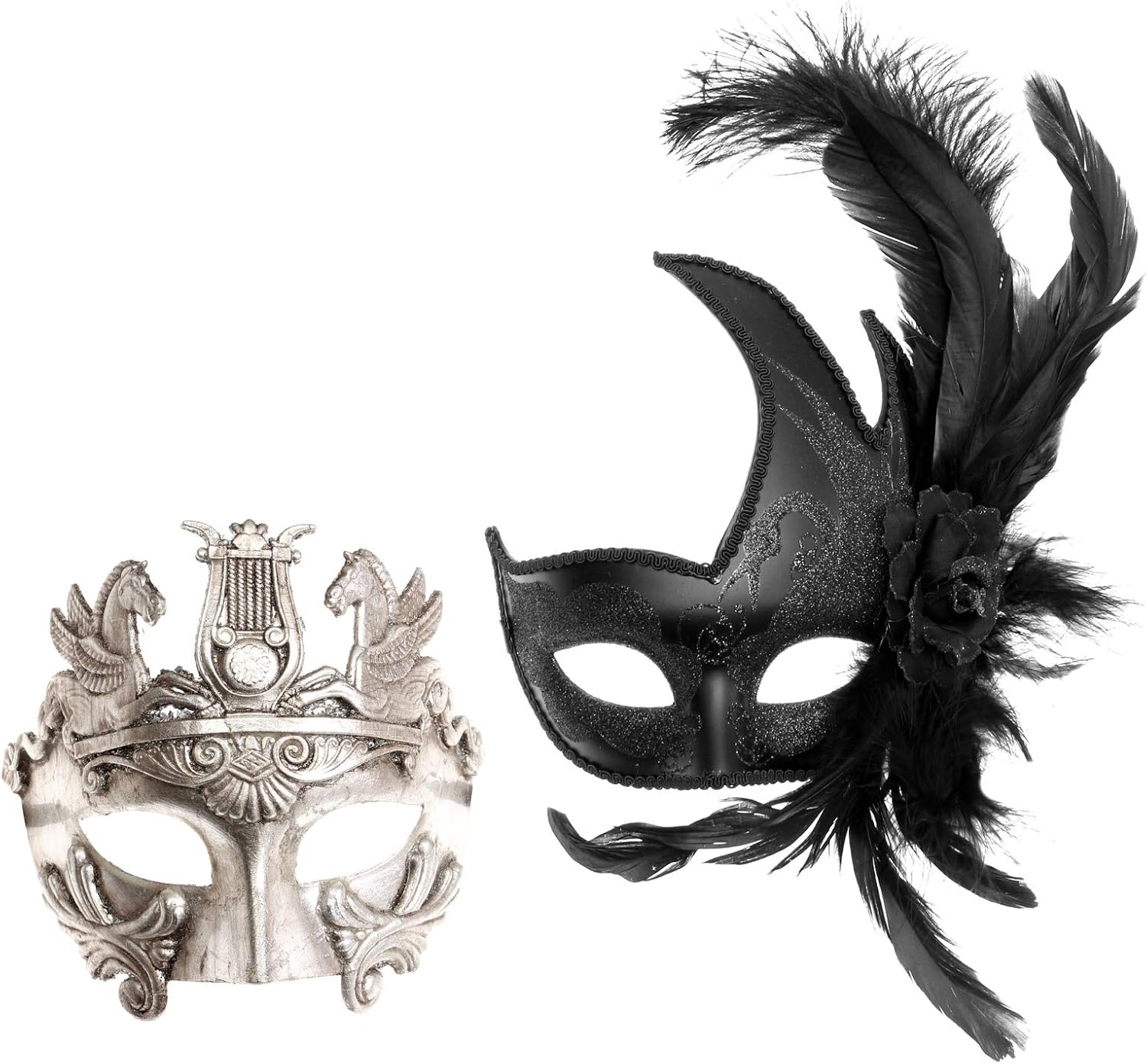 Greek Emperor Silver & Greek Feather Masquerade Couple Masks