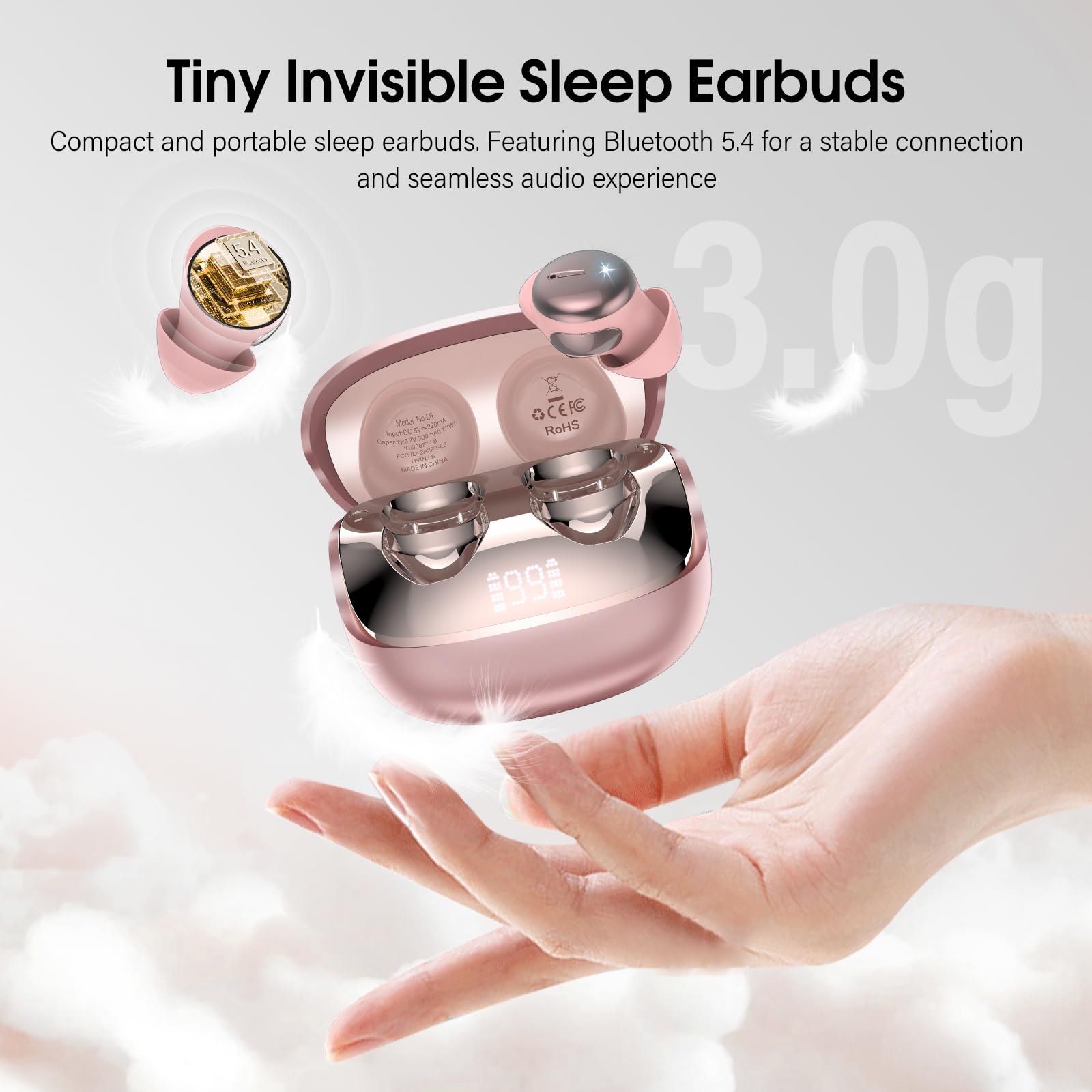 Auriculares Inalámbricos con Pantalla Táctil LED, Auriculares Bluetooth HiFi Estéreo, Mini Auriculare para Dormir Oro Rosa