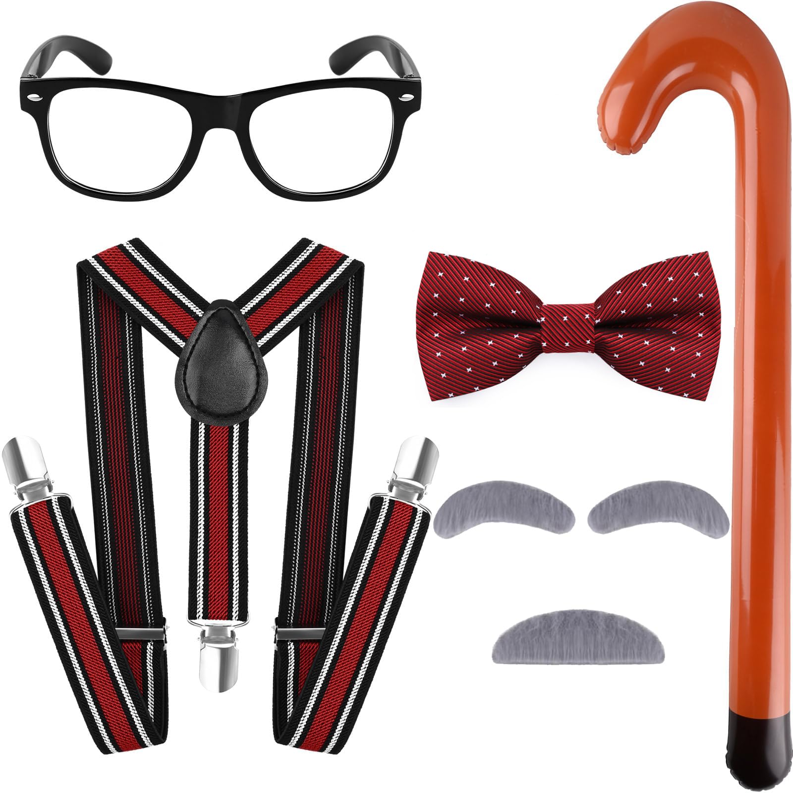 5 PCS Old Man Costume for Kids 100 Day of School Grandpa Accessories Include Glasses Suspenders Bow Tie Cane Mustache