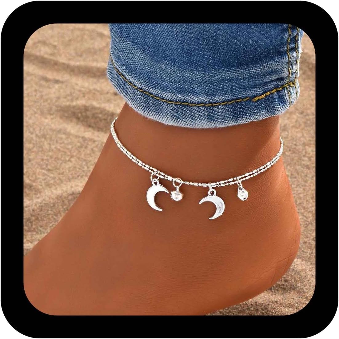 YienDoo Boho Moon Anklet Bracelet Double Layer Silver Crescent Pendant Ankle Chain Tiny Bell Anklet Minimalist Hawaiian Beach Moon Foot Chain Jewelry for Women