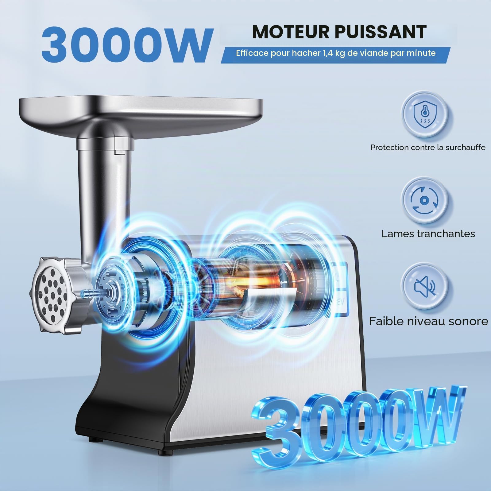 Hachoir à viande électrique, 3000W multifonction en acier inoxydable avec 3 grilles de coupe, 3 lames, kit à kubbe et 3 tubes à saucisses, machine à broyer les aliments pour un usage domestique