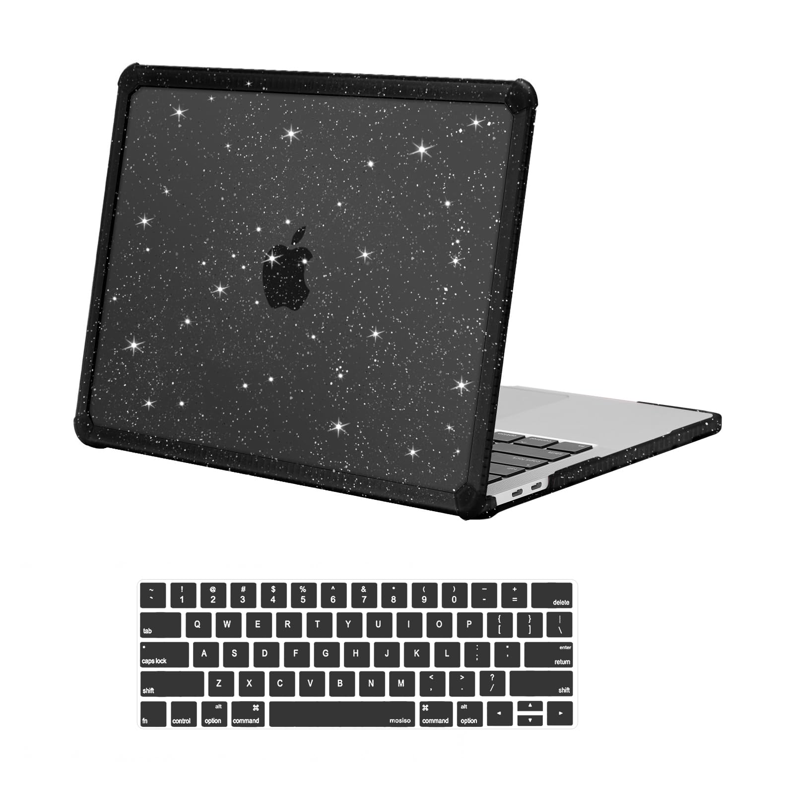 MOSISO Compatible with MacBook Pro 13 inch Case M2 2025-2016 A2338 M1 A2251 A2289 A2159 A1989 A1708 A1706, Anti-Cracking Heavy Duty Glitter Plastic Hard Case with TPU Bumper&Keyboard Cover, Black