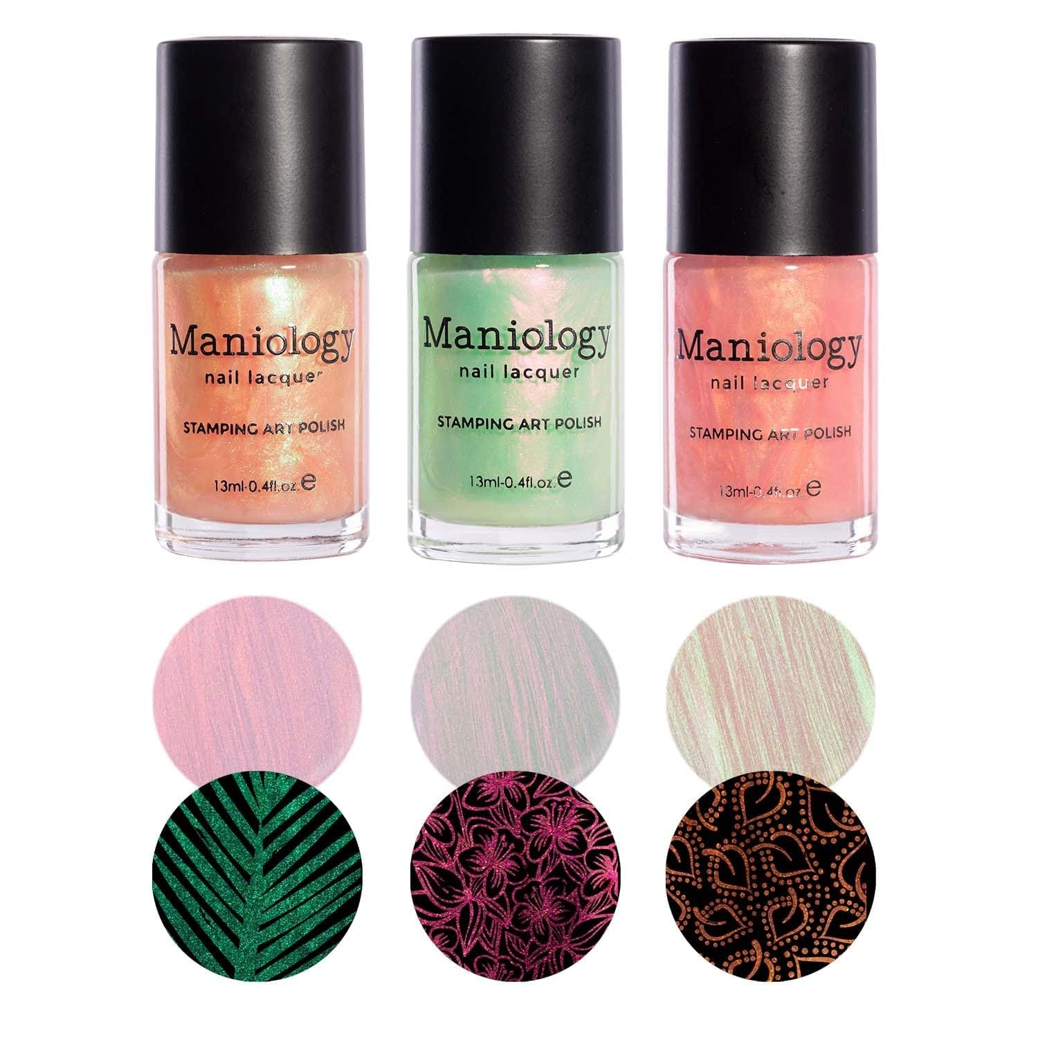 Maniology Sunrays Aurora Duochrome Stamping Polish Set, Sheer Shifting Colors, Summer Tropical Vibe Nail Lacquers (Sandbar (B475), Fish Scale (B476),