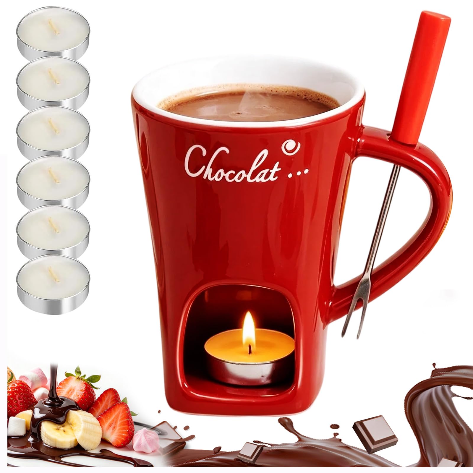 Ceramic Chocolate Fondue Mug,Melting Chocolate Pot With Forks & 6 Candles