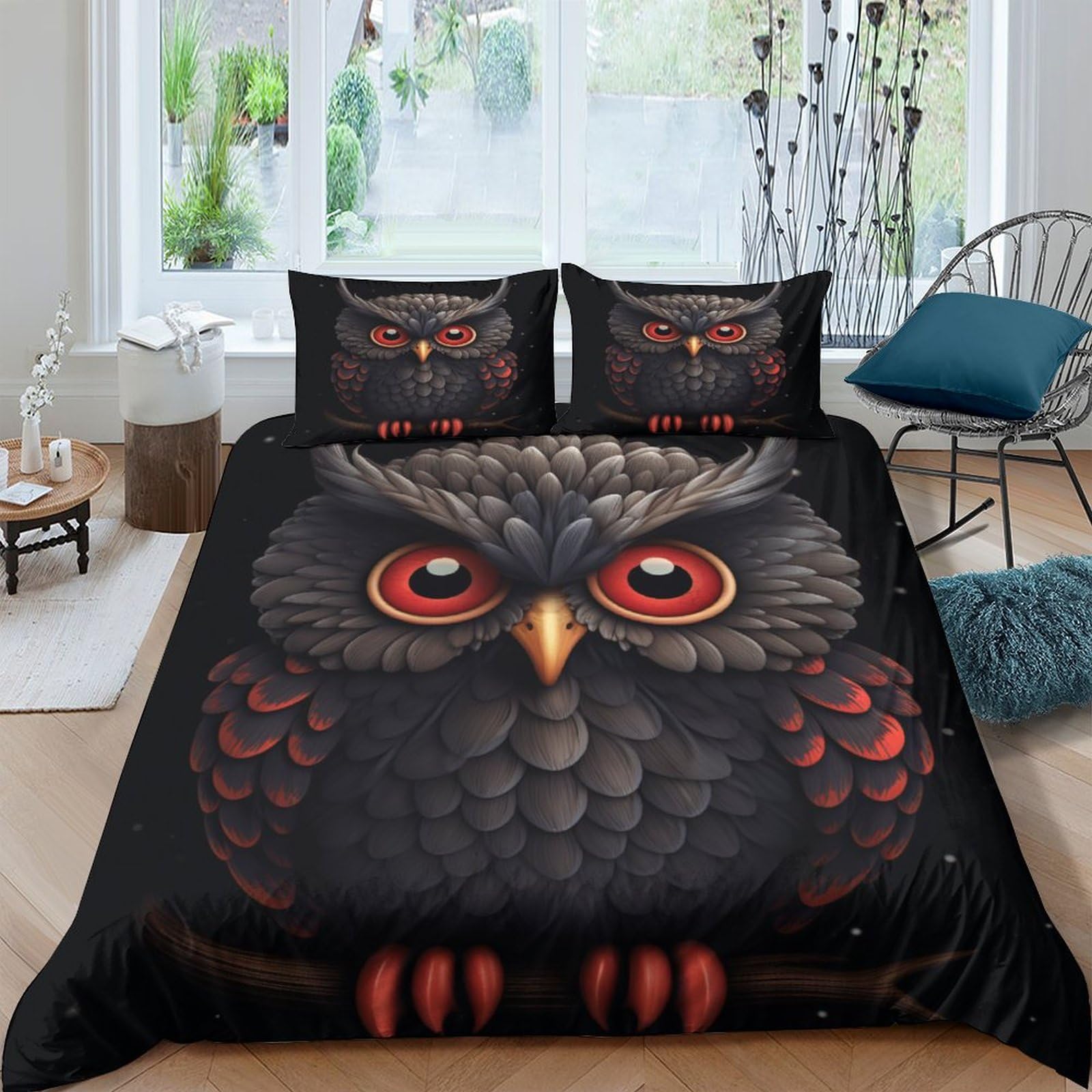 Housse de couette hibou anti-plis zippée pour lit King sans repassage