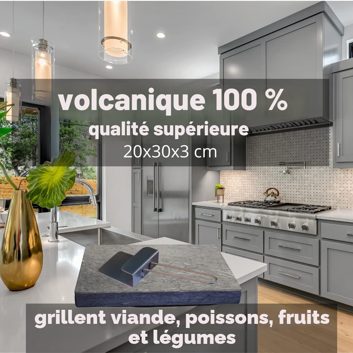 Pierre volcanique pour rôtir de la viande de 20x30x3 cm avec haltérophiles pour restaurants et particuliers - Fer en pierre volcanique pour viande- Grill pour cuisson de la viande à la pierre