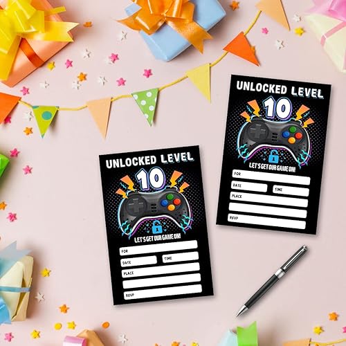 Miniatura 6 de QUPT Tarjetas de invitación de fiesta de cumpleaños de videojuegos tarjetas de invitaciones de fiesta de cumpleaños de 10 años rellena las