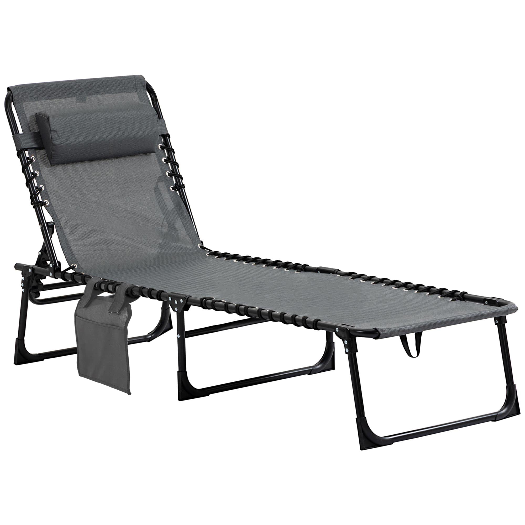 Outsunny - Tumbona plegable para tumbona de relajación, respaldo reclinable, 5 niveles, tetera extraíble, bolsa lateral integrada, revestimiento textileno, acero dim. 185 x 58 x 30 cm, color gris