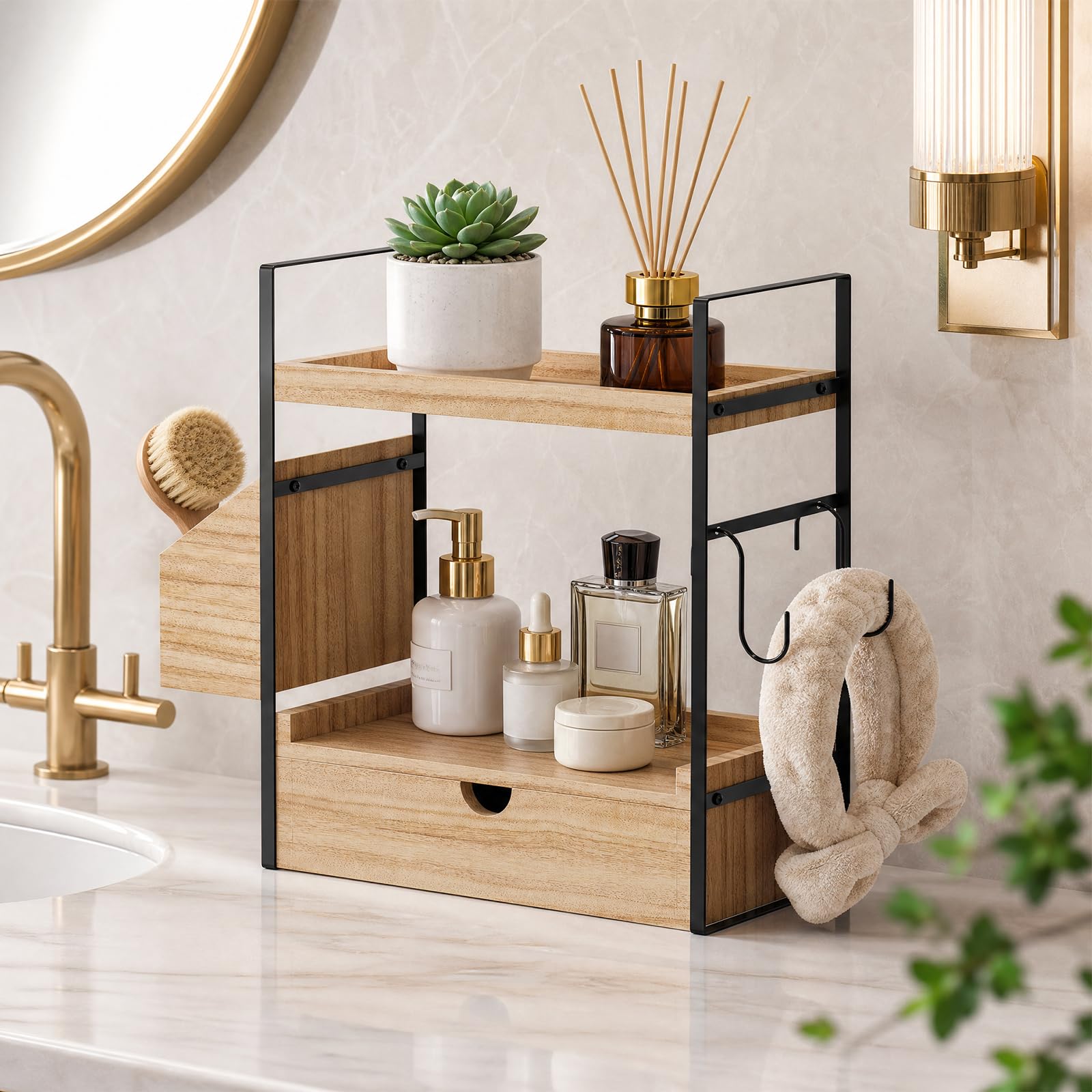 Organizer da bagno con cassetto e cesto, scaffale da bagno a 2 livelli in legno per lavabo, toeletta e cucina, scaffale da tavolo impermeabile con ganci, stabile struttura in metallo, 33 x 17