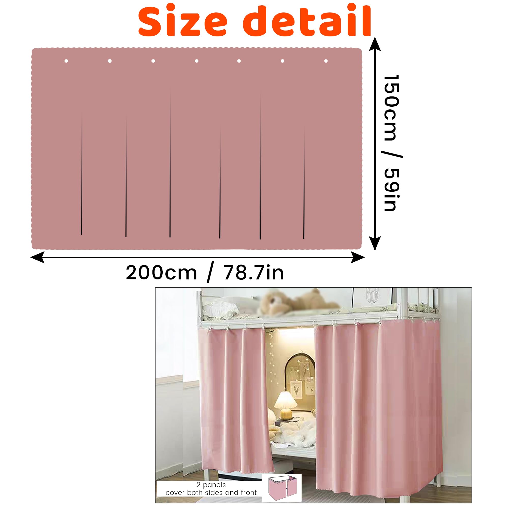 Bunk Bed Curtains Dorm Room Privacy Canopy Blackout Bunk Bed Drapes for Bottom Bunk Bed, Pink-2panels, W 59.1" x L 78.7" (2 Panels) - Image 4