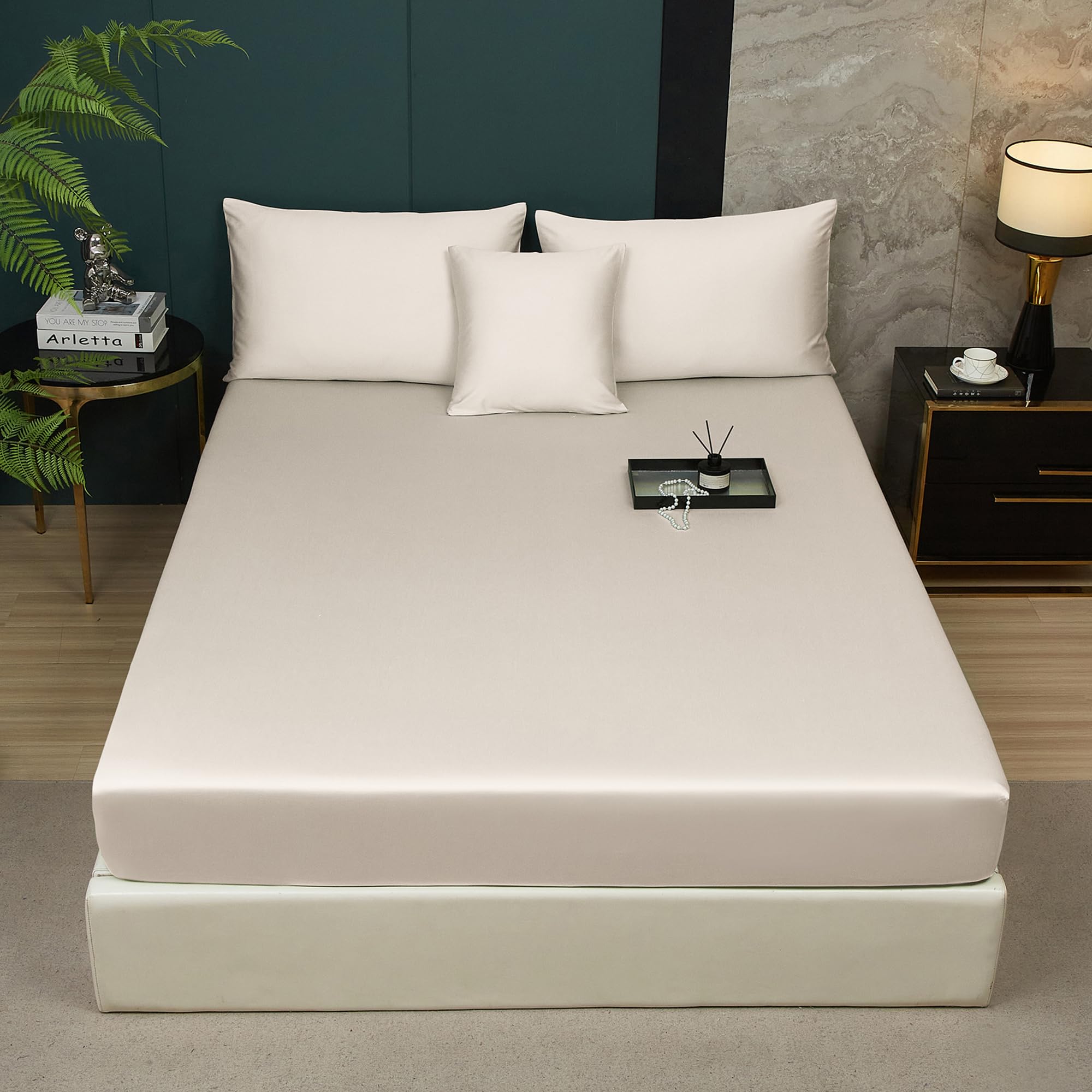 Spannbettlaken 180x200 Baumwolle Beige Spannbetttuch Khaki Creme Lyocell Seide 100% Baumwolle Betttuch 180 x 200 Doppelbett Uni Leintuch für Hohe Matratze Hoher Steg bis 25-30 cm