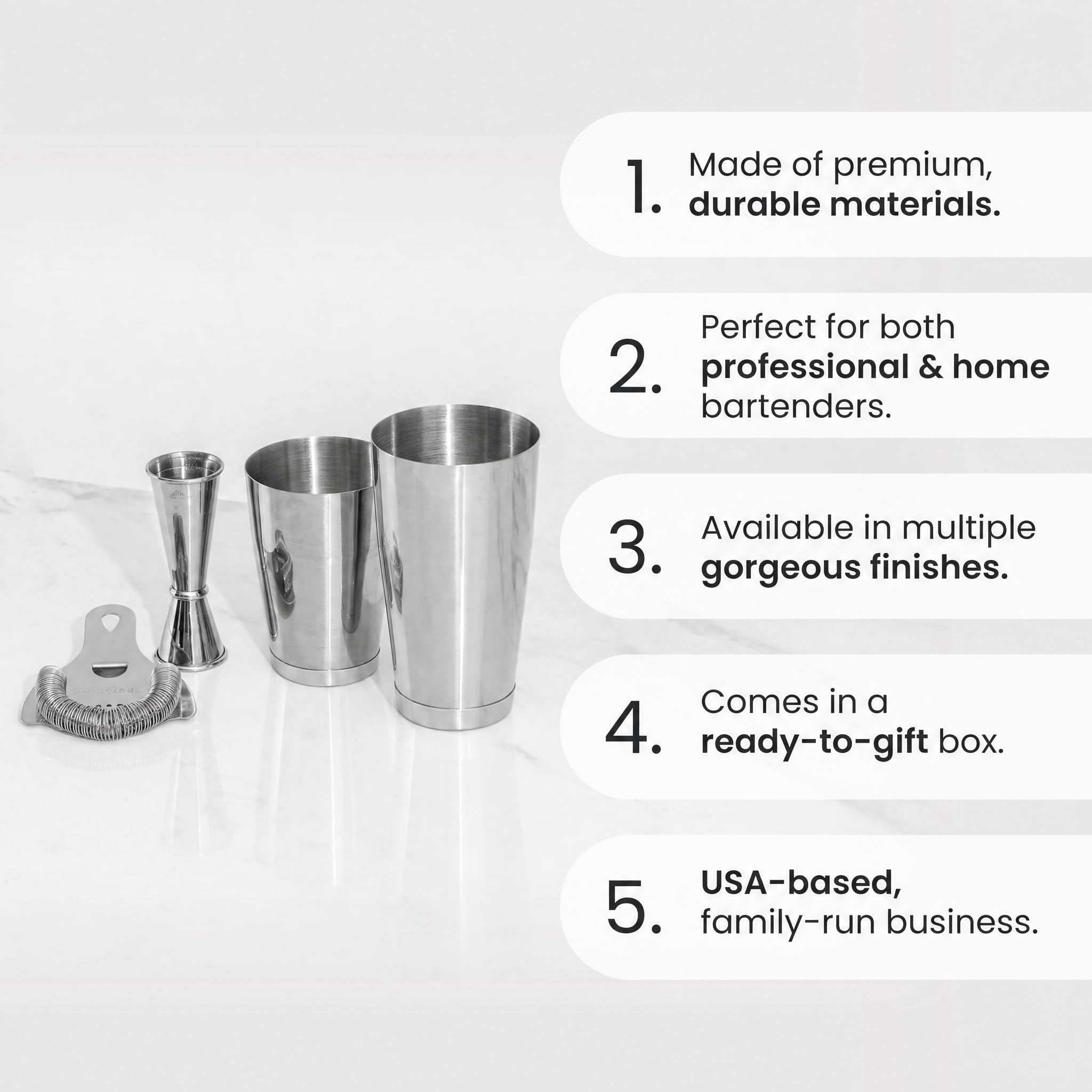 Boston Shaker Set: Professional two-piece Stainless Steel Cocktail Shaker set with Hawthorne Strainer and Japanese Jigger