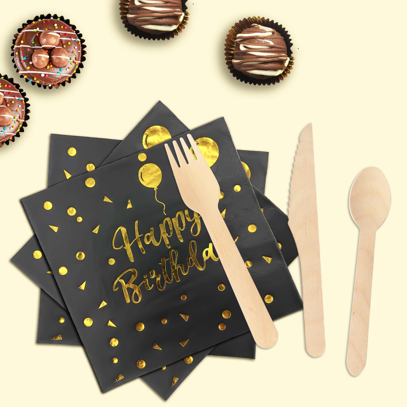 Compleanno Stoviglie Oro Nero 193 Pezzi Set Include Piatti, Tovaglioli, Tazze di Carta, Adatto a Tutti i tipi di Feste a Tema -24 Ospiti
