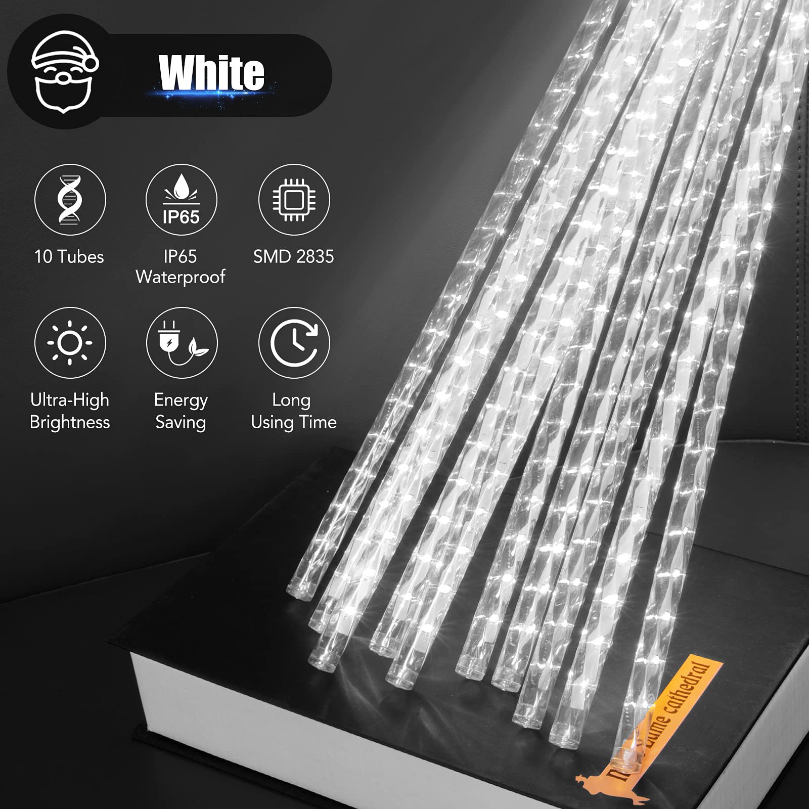 Luci Natale Esterno Cascata, Pioggia di Luci Led 50 cm 10 Tubo 480 Led Impermeabile Luci a Pioggia Natalizie da Esterno, Adatta per Feste, Natale, Decorazione del Giardino ((Bianco Freddo)