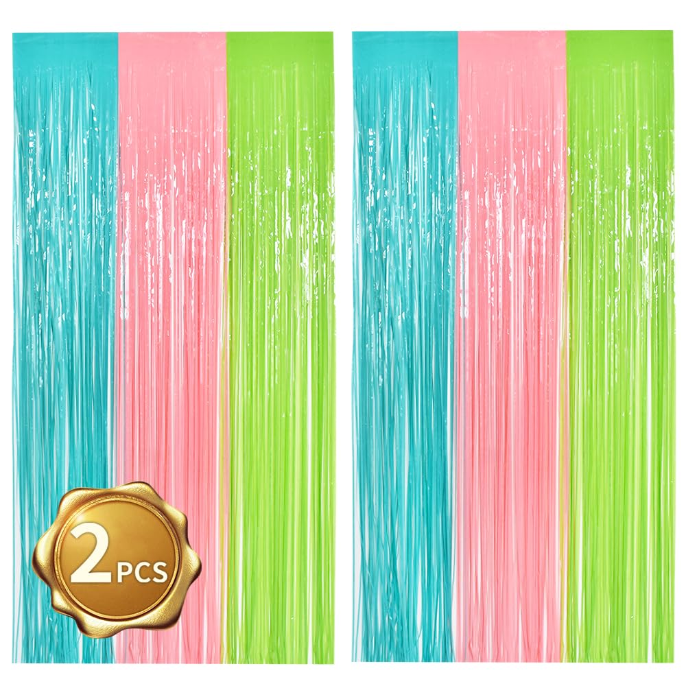 BEISHIDA 2Pcs Blue Pink Green Door Streamers Pastel Colors Foil Fringe Curtains Photo Backdrop for Wedding Party Birthday Stage Bridal Shower Decor(3.28 ft x 6.56 ft)