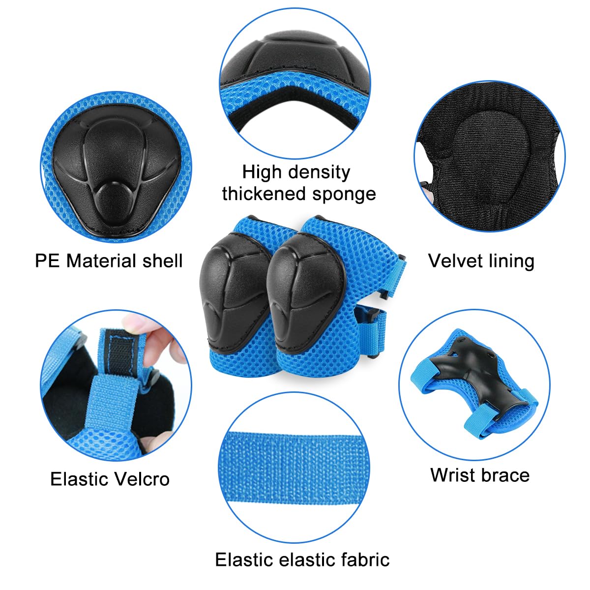 Protezioni Skateboard Bambini Ginocchiere Set 6-in-1 per Skateboarding Pattinaggio Biciclette Ciclismo Blu