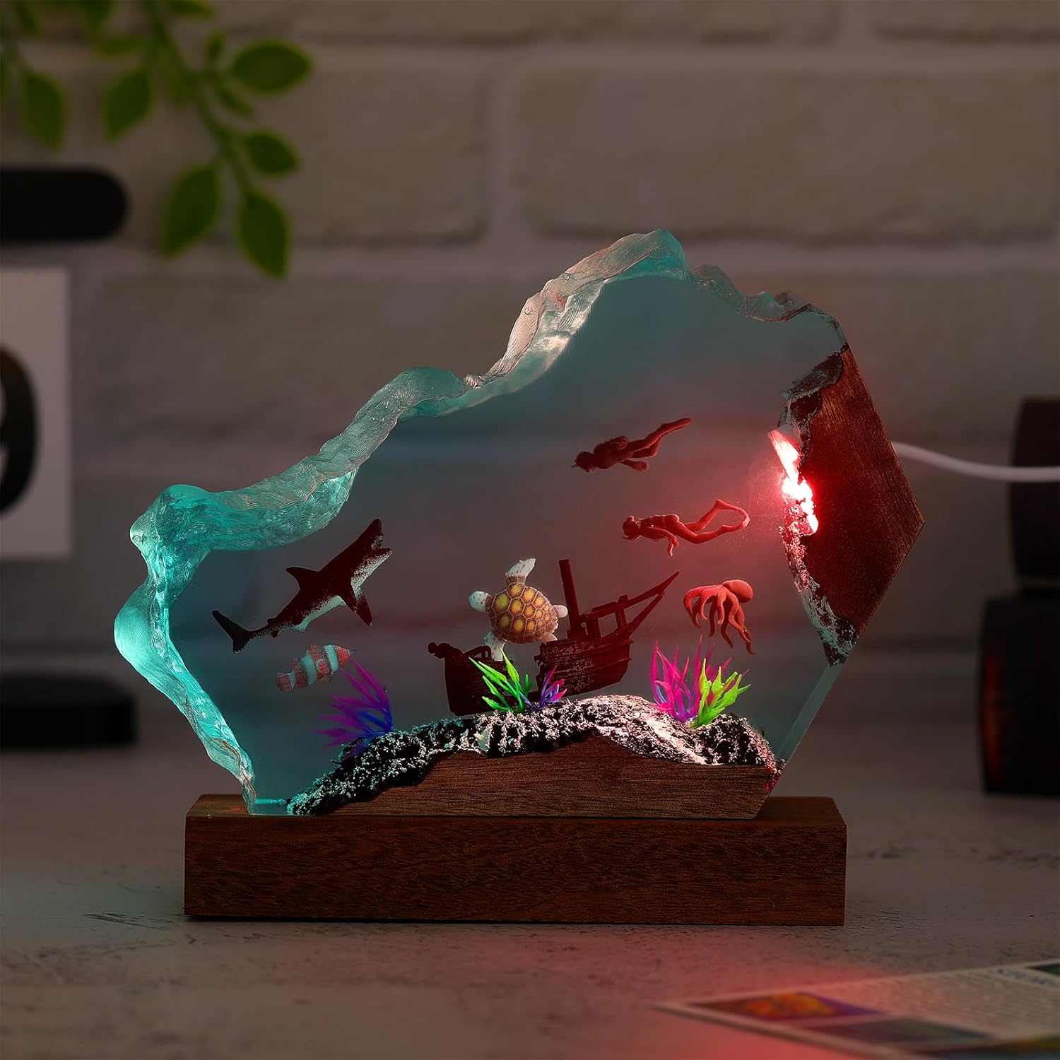 Drawelry Ocean Creative Epoxy Resin Wood Light Lamp, Handmade Wave Shape Deep Aquatic Ocean Lamp Sea Diver Cave Diving Multicolor Led Night Light Decor Birthday Gift for Men Dad (White Shark, M)