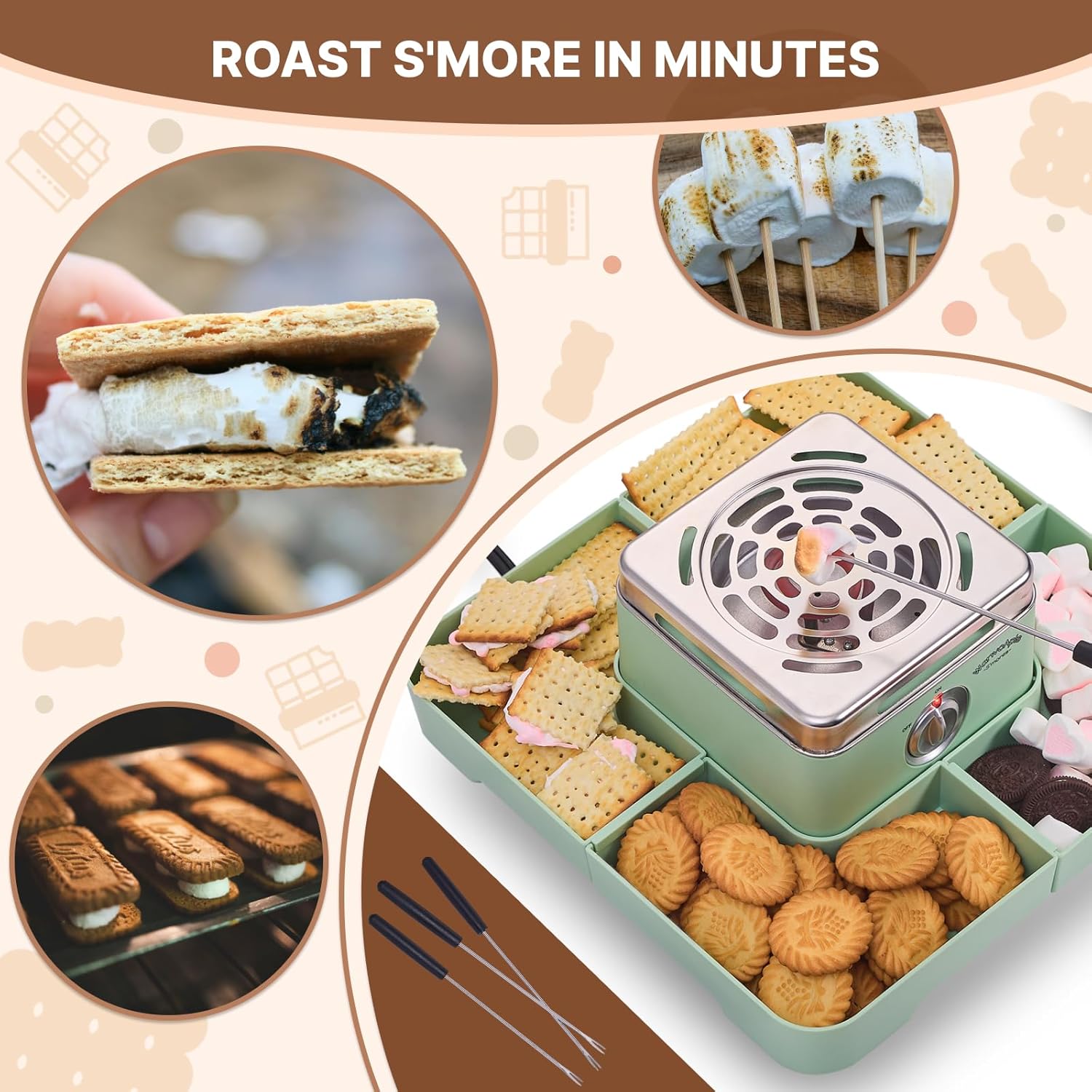 Electric Smores Maker - Indoor Smores Kit with 4 Detachable Trays, 4 Stainless Steel Forks - Flameless Smores Maker Tabletop Indoor Kit (Green)