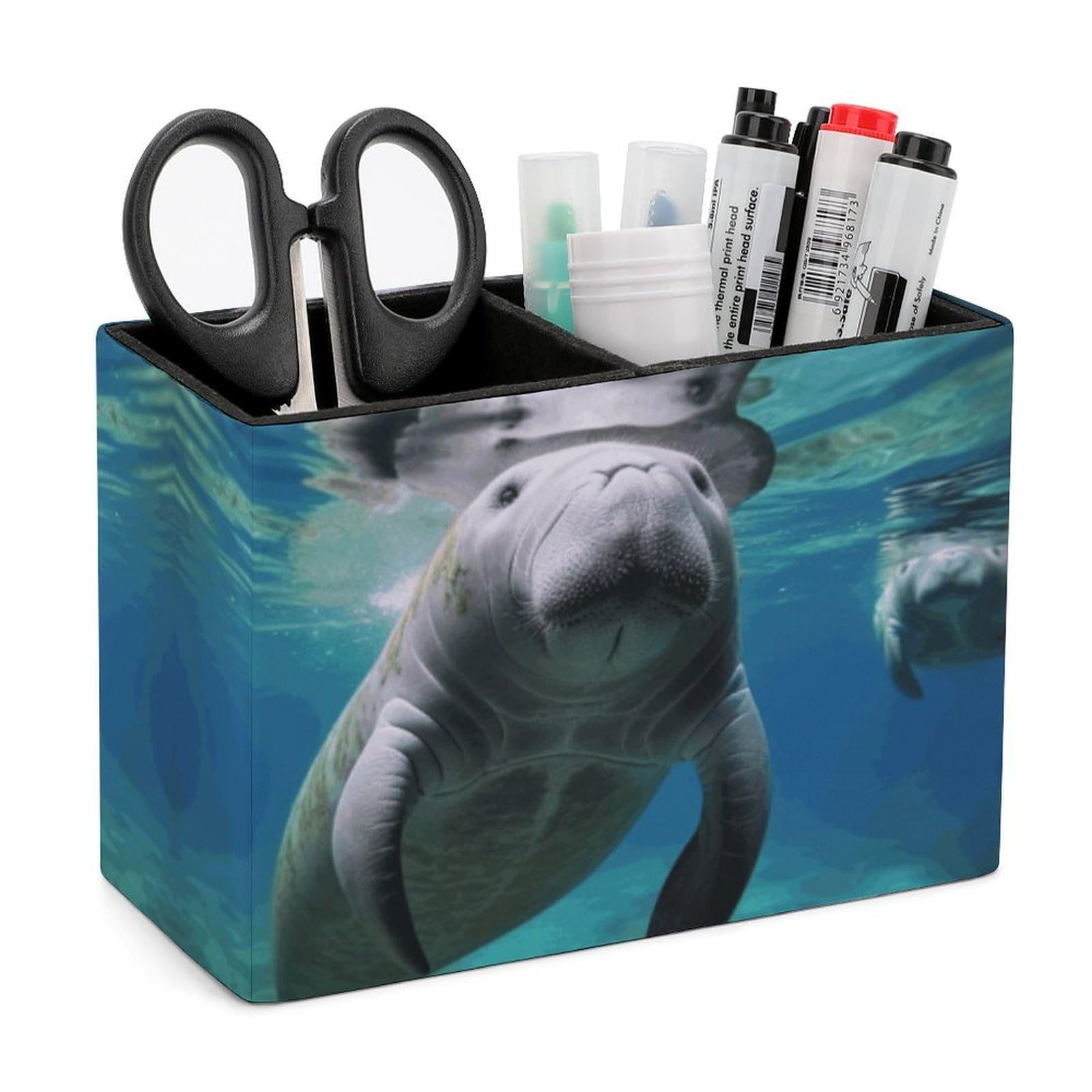 LZQPOEAS Exquisite Patterns PU Leather Pen Holder, Multifunctional Desktop Organizer Caddy with 2 Compartments, Ocean Animal Manatee Pencil Cup Makeup Brush Holder for Office Home