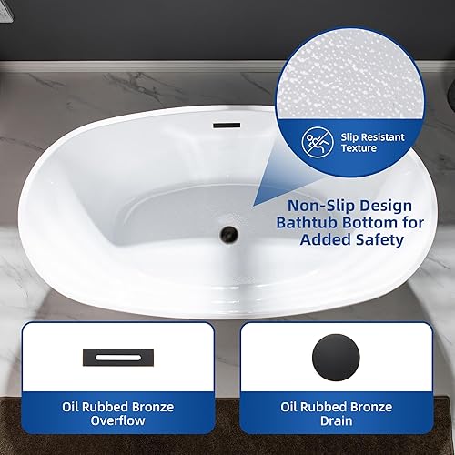 Vista 47 de WOODBRIDGE Bañera de acrílico independiente de 55 pulgadas, bañera blanca de remojo contemporáneo con desbordamiento y drenaje negro mate, B1418
