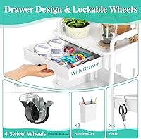 Vista 4 de Carrito Rodante de 3 Niveles con Cajón, Organizador de Almacenamiento para Baño con 2 Ruedas Bloqueables, Carrito de Almacenamiento Multifuncional