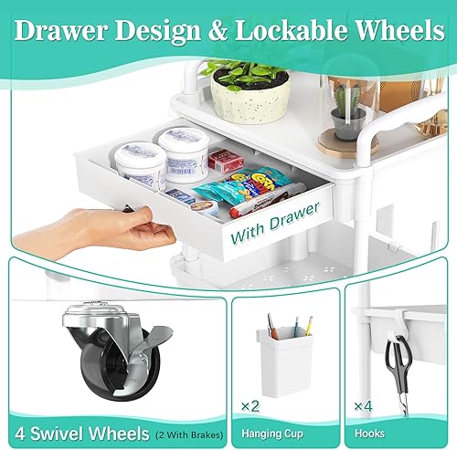 Miniatura 3 de Carrito rodante de 3 niveles con cajón, organizador de almacenamiento de baño con 2 ruedas bloqueables, carrito de almacenamiento multifuncional
