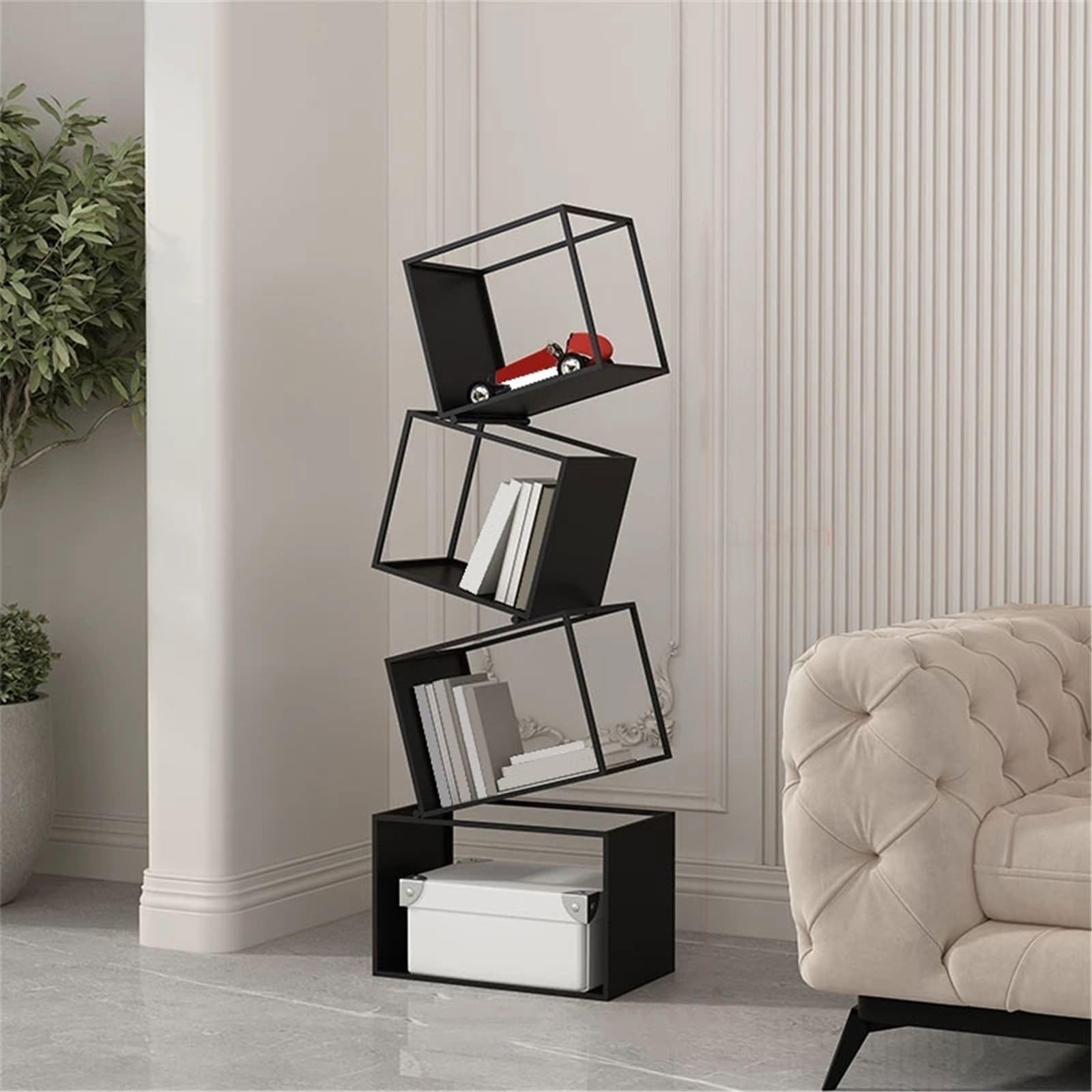 Vitrinenregale Unregelmäßiger kreativer vertikaler Bücherregal-Aufbewahrungsständer aus Eisen und Metall for das Wohnzimmer freistehend(Schwarz)