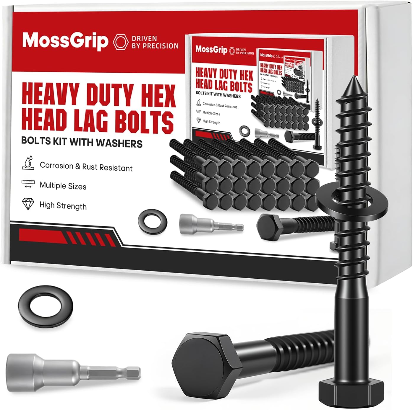 - (25 Sets) 1/2" x 4" Hex Head Lag Screws, Heavy Duty Lag Bolts with Washers, Black Zinc Plated Furniture Screws for Fence, Furniture Installation & Wood Construction