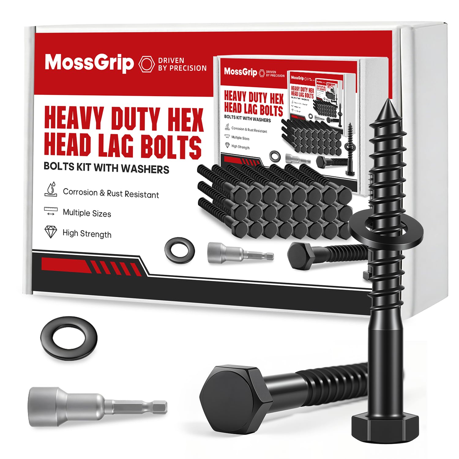 (50 Sets) 3/8" x 3" Hex Head Lag Screws, Heavy Duty Lag Bolts with Washers, Black Zinc Plated Furniture Screws for Fence, Furniture Installation & Wood Construction