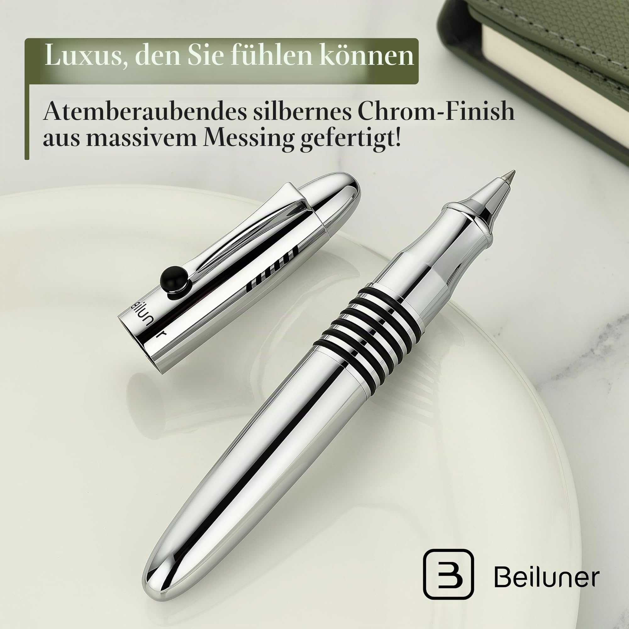 BEILUNER 320 Luxus Rollerball Pen, Poliertes Chrom Metallgehäuse mit Schmidt Tintenpatrone, Schweres EDC Executive Geschenkset für Männer & Frauen, Professioneller Bürostift - Silber Chrom