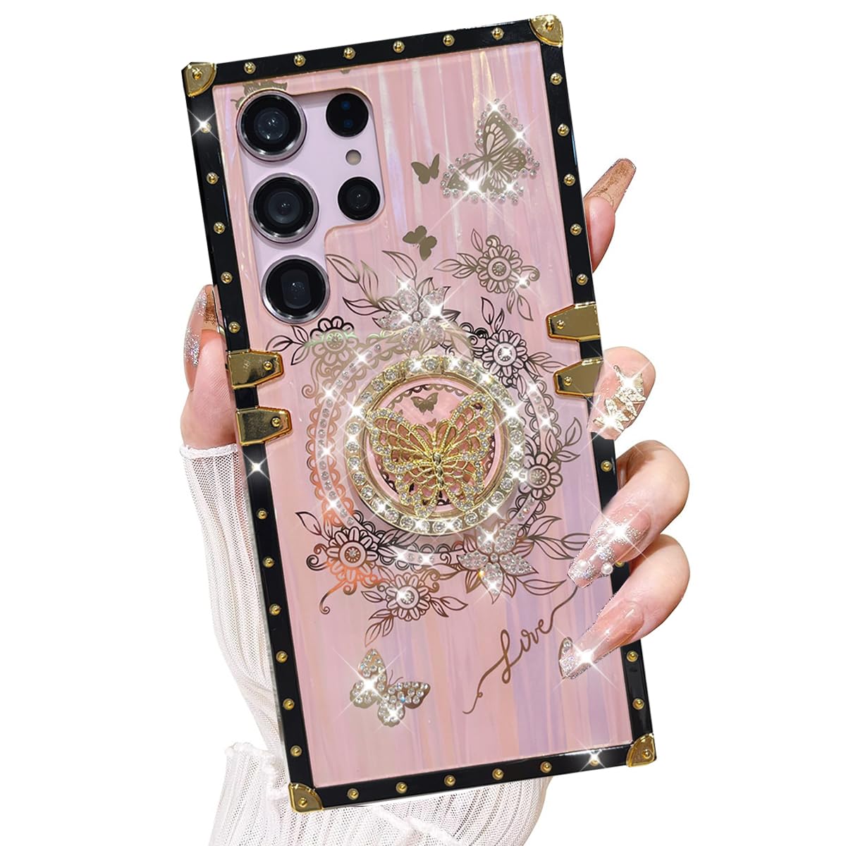 AuroiCYY for Samsung Galaxy S25 Ultra Case with Kickstand, Foldable Butterfly Woman Girly Bling Diamond Mirror Back Golden Plated Shockproof Corners