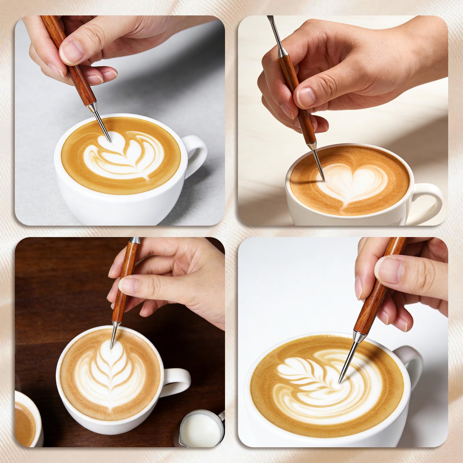 Bolígrafo Latte Art, Herramientas Barista Acero Inoxidable Doble Punta con Madera Negra - 2 Piezas