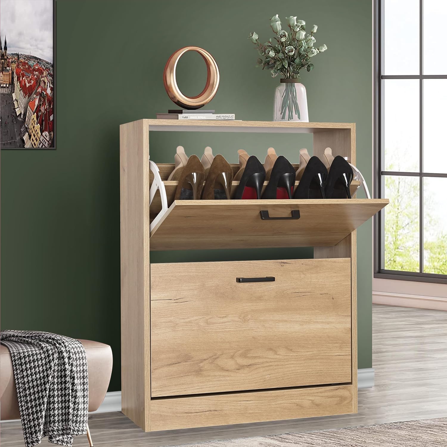 Blisswood 2 Drawer Shoe Cabinet, Space Saving Shoe Storage Cabinet Organiser Cupboard Unit, 2 Tier Shoes Rack Cabinet Footwear Stand For Hallway Living Room Furniture (Pine) — image 1