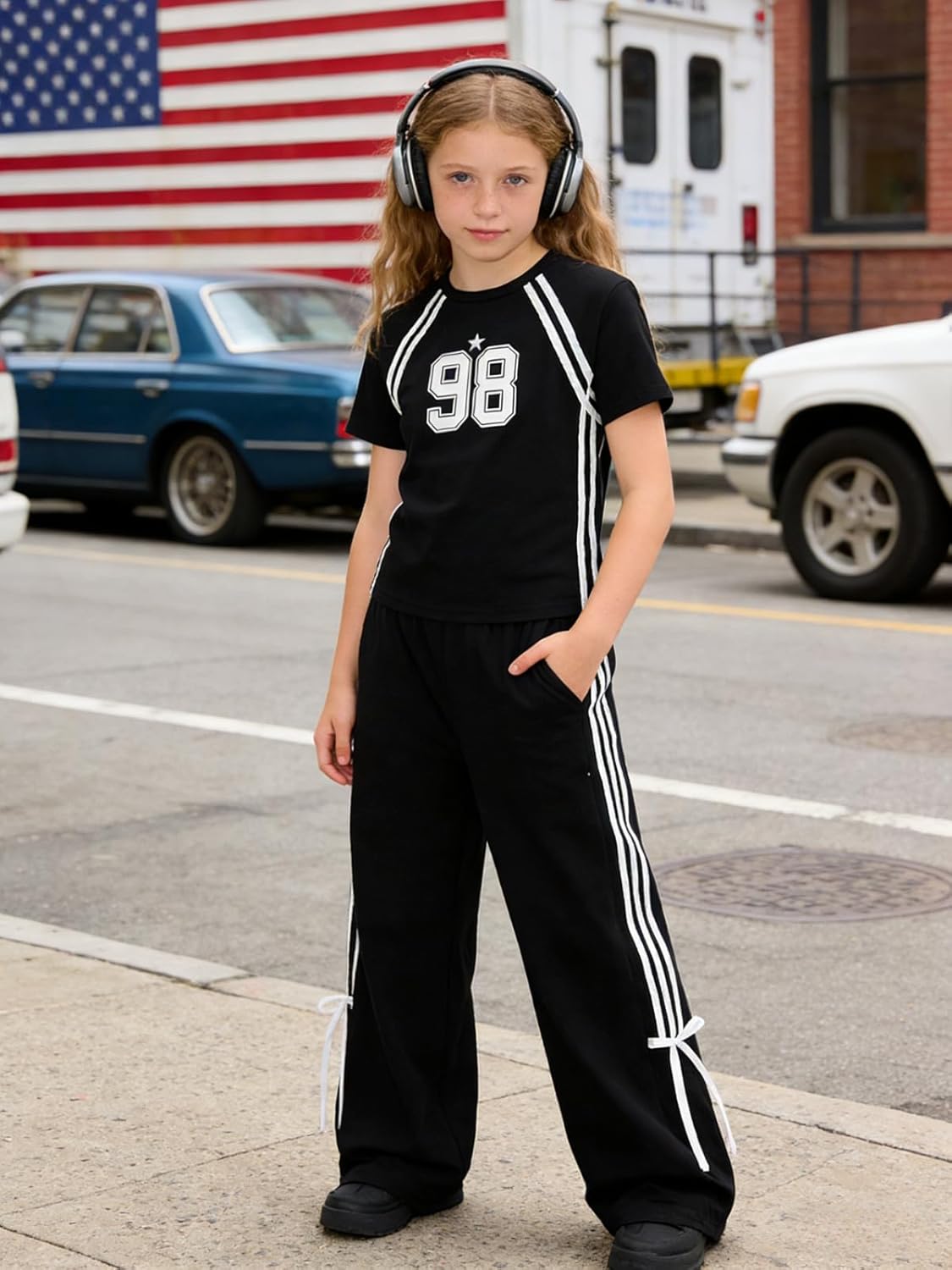 Size 7-14 Years Tween Girls' 2 Piece Outfits Digital Print Striped Top and Wide-Leg Pants Y2K Summer Clothing Set - Image 3