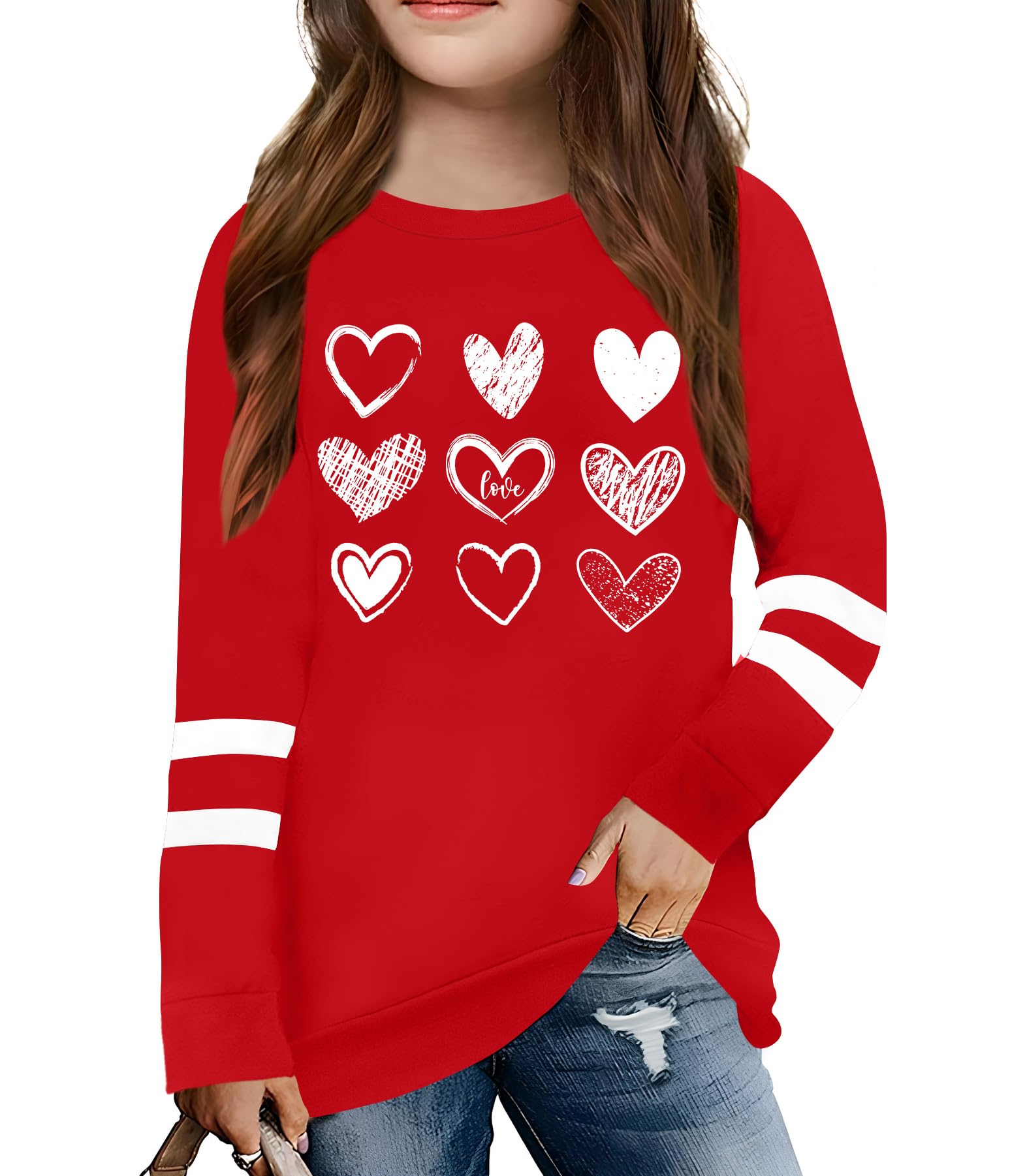 LAZYCHILD Kids Valentine Shirt Girls Valentines Day Shirts Heart Graphic Long Sleeve Striped Tee Tops 5-14 Years