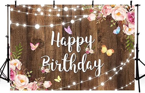 Miniatura 3 de MEHOFOND Telón de fondo rosa floral de feliz cumpleaños, acuarela, mariposa, madera, flores, niñas, mujeres, fotografía de cumpleaños, pancarta,