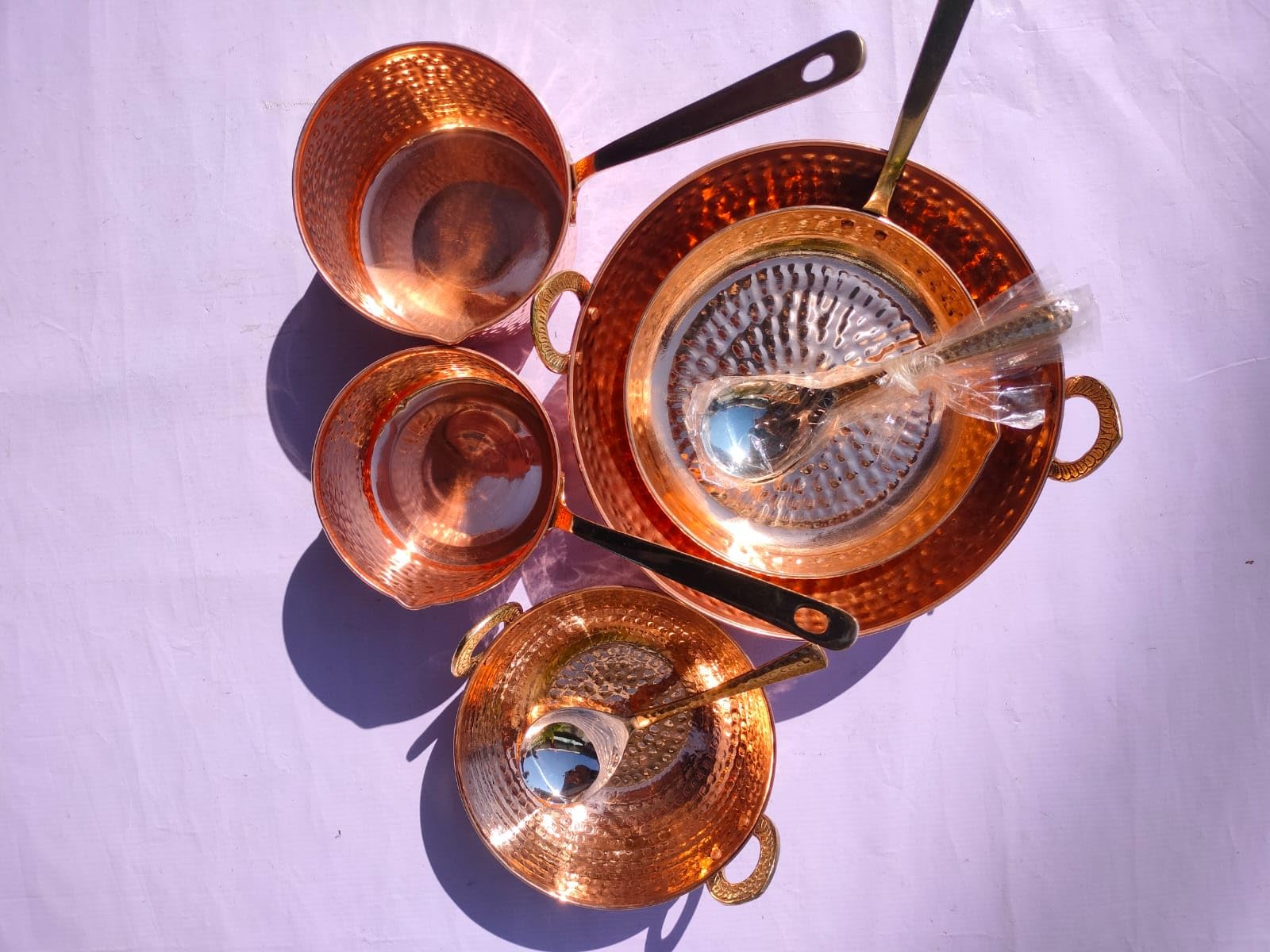 Pure Copper - Juego de utensilios de cocina de 10 piezas con cuchara para servir (juego de sartenes de cobre | Juego Kadhai | Sartén) con mango de latón para cocinar