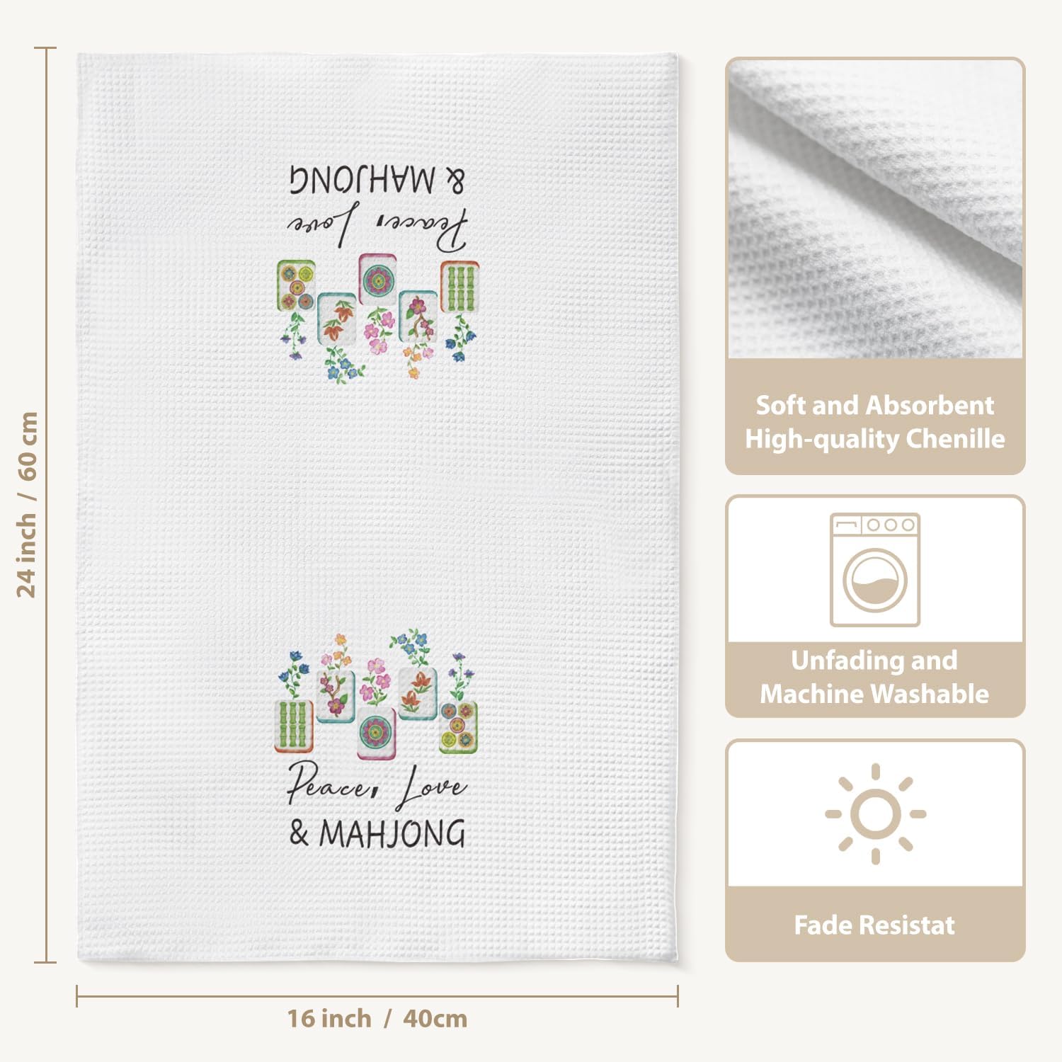 Mahjong Gifts Dish Towels for Women Friends, Set of 2 Floral Mahjong Decorative Waffle Weave Kitchen Towels for Home Bar Bathroom, Housewarming Birthday Mothersday Gifts, Peace Love & Mahj