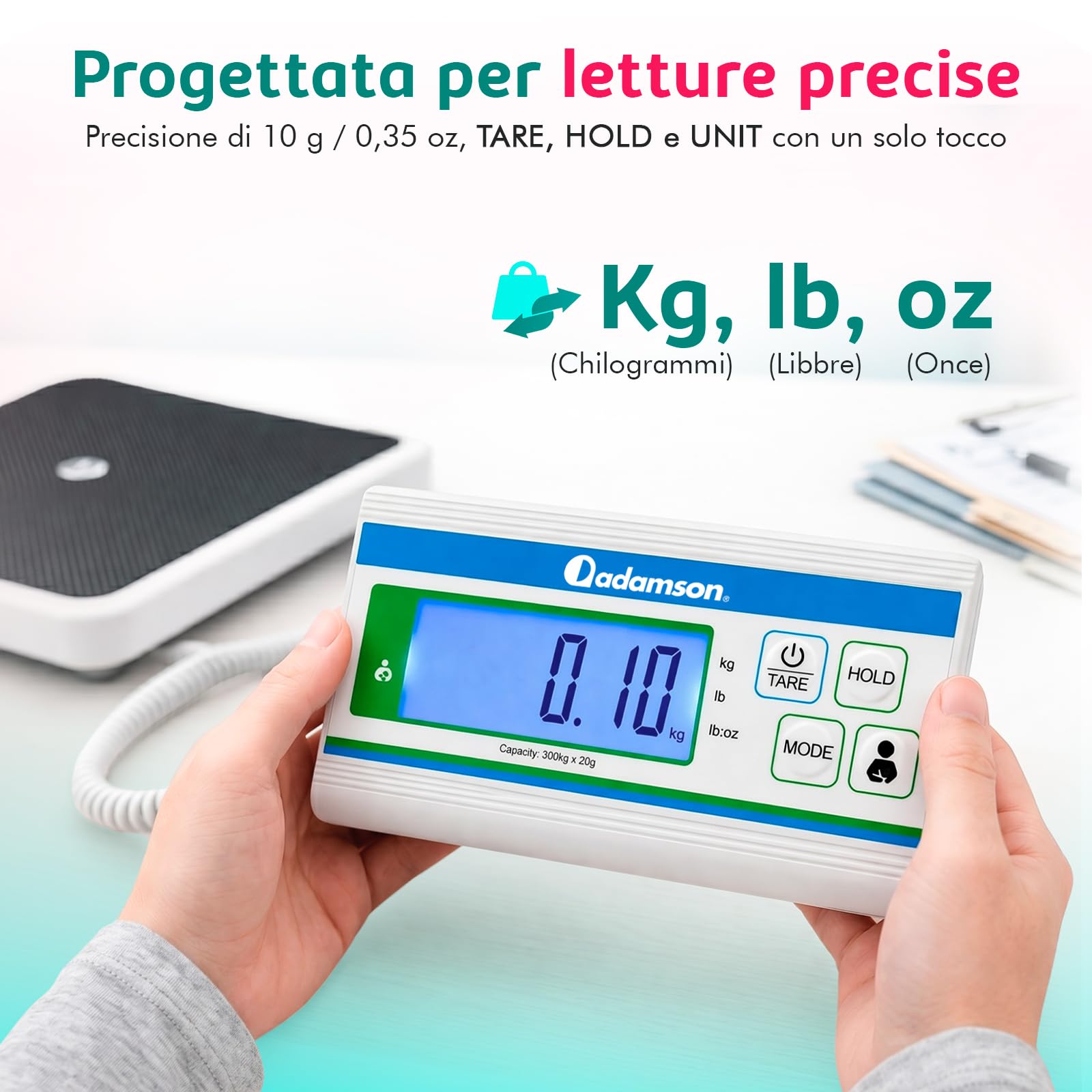 Bilancia Pesapersone Professionale Adamson – Bilancia Medica Extra Larga 300 kg con Alta Precisione di 10 g – Bilancia Digitale Bariatrica per Casa, Clinica o Ospedale – Alimentazione USB o 3×AA
