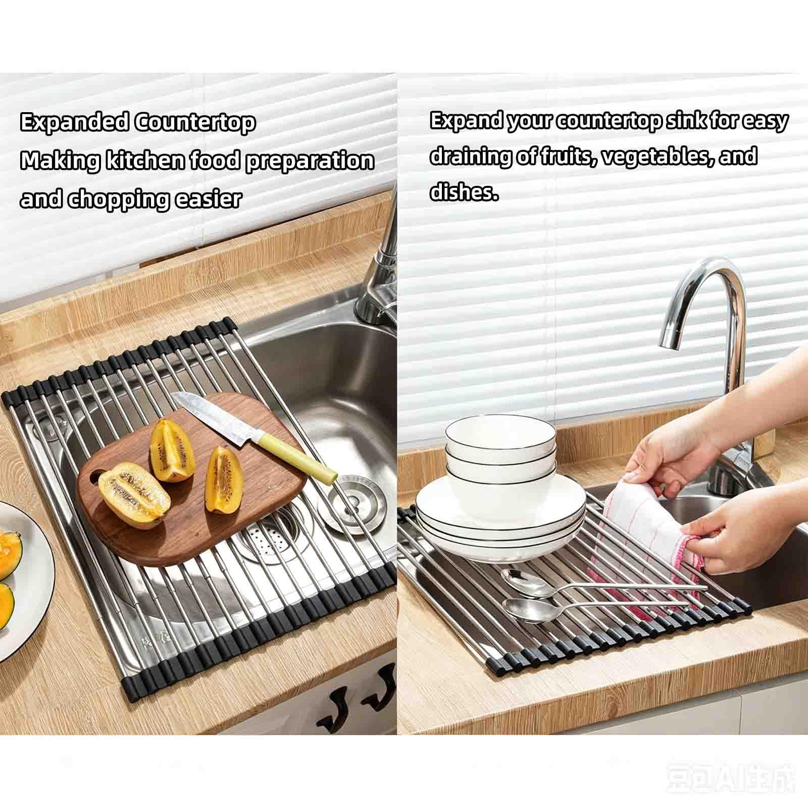 JUSHZ Scolapiatti Da Appoggio Scolapiatti Da Lavello Piattaia Pieghevole Colapiatti Portapiatti Acciaio Inox Piccolo Griglia Avvolgibile Da Appoggio Sopra Il Lavello Retrattile (Silver,37–60x38cm)