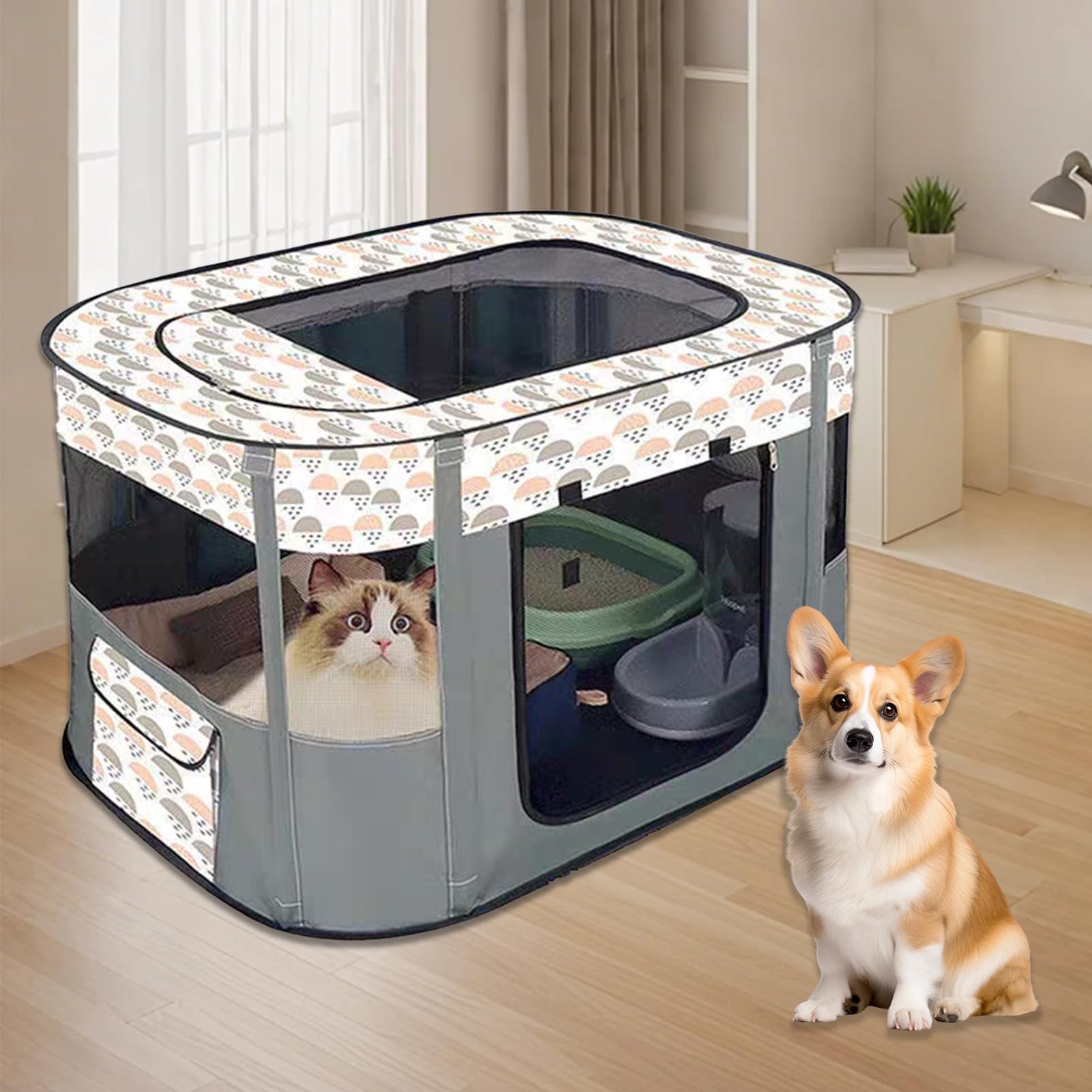 Enclos pour chiots et animaux - Gris - Pour l'intérieur - Pliable - Pour animaux de compagnie - Tente rectangulaire portable - Pour chatons, chiots, lapins - Taille L